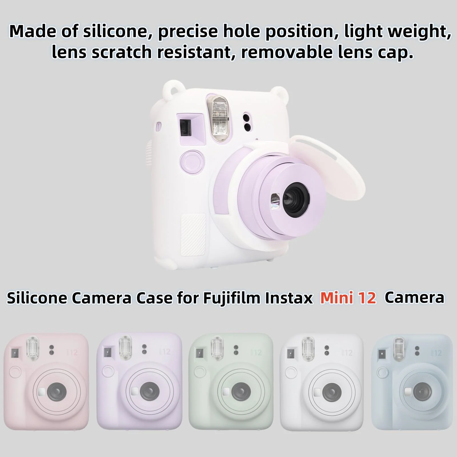 Instant Mini 12 Camera Protective Case Compatible with Instax Mini 12, Soft Case Cover Rubber Camera Sleeve with Removable Lens Cover, Includes Wrist Strap (White) White - Image 2