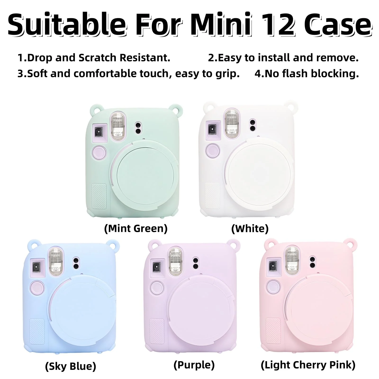 Instant Mini 12 Camera Protective Case Compatible with Instax Mini 12, Soft Case Cover Rubber Camera Sleeve with Removable Lens Cover, Includes Wrist Strap (White) White - Image 7