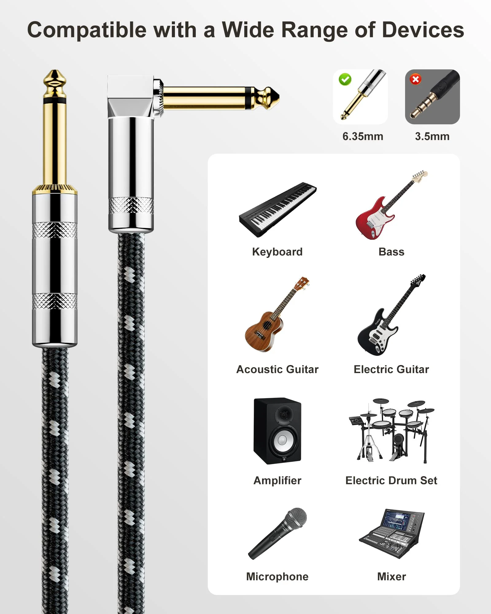 Instrument Cable 15ft(4.5M),Nylon Braided Electric Guitar Cable with 1/4 Inch TS Right Angle to Straight, Amp Cord,Guitar Aux Cord with 22AWG OFC Core for Mixer,Microphone,Mandolin,Pro Audio 15 Feet Right Angle& Straight 22AWG - Image 4