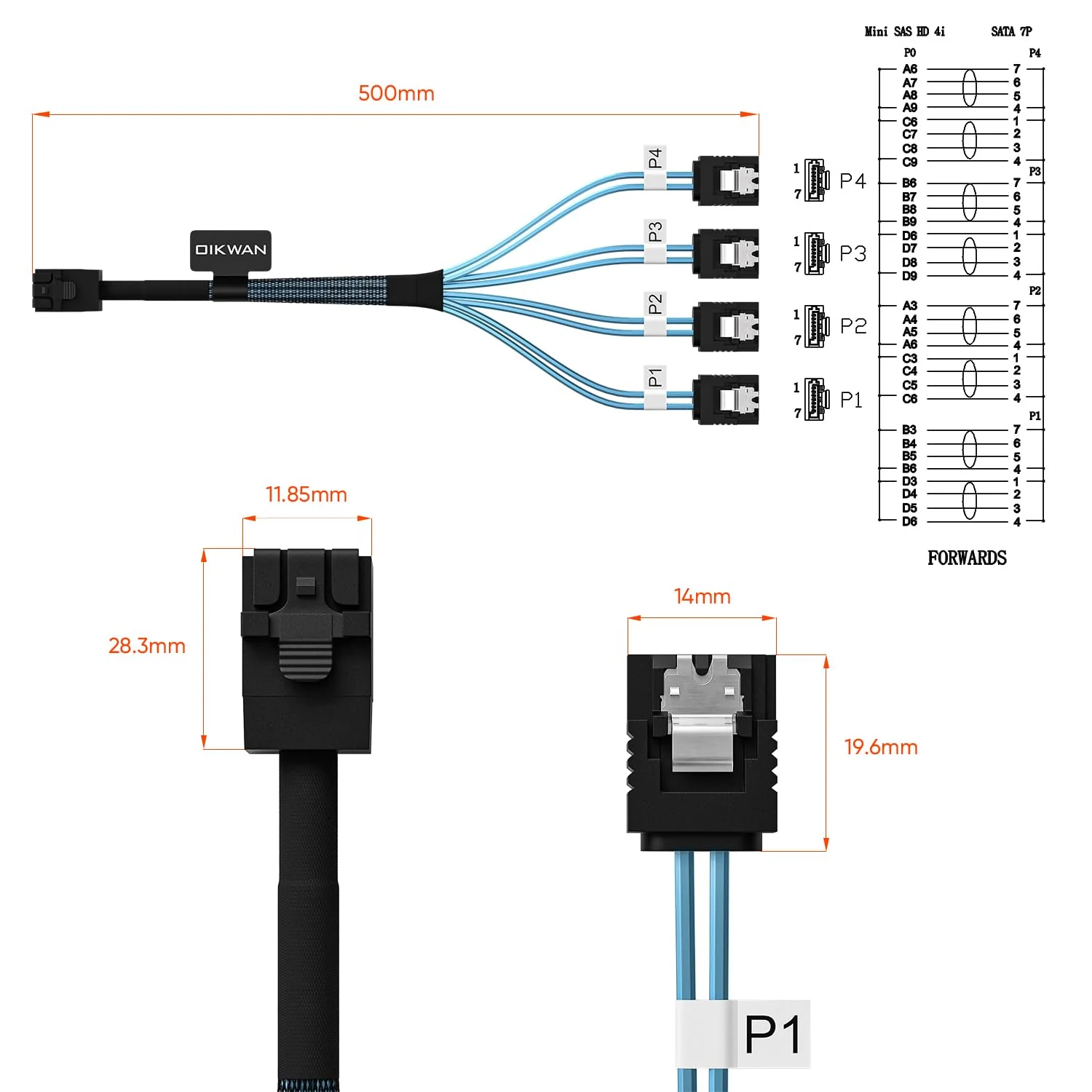Internal HD Mini SAS to 4XSATA Cable,1.6ft SFF-8643 Host to 4X SATA Target Cable Compatible with Raid Controller Hard Drive 1.6ft - Image 3