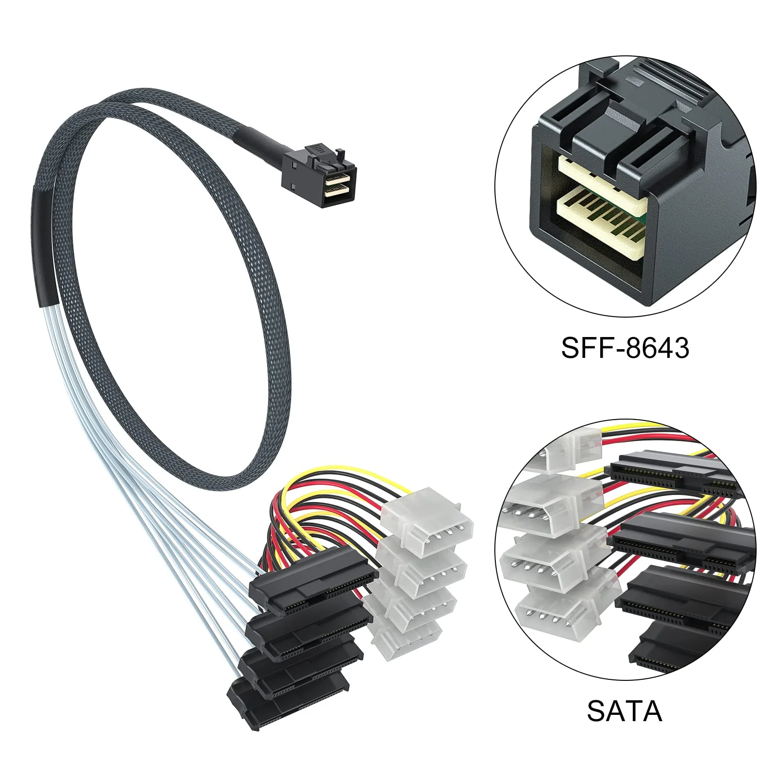 Internal Mini SAS HD SFF-8643 to 4xSFF-8482 Fan-Out SAS Cable with IDE Molex SATA Power for Raid Controller to Hard Drive, 12Gb/s, 0.5m(1.6ft) - Image 2