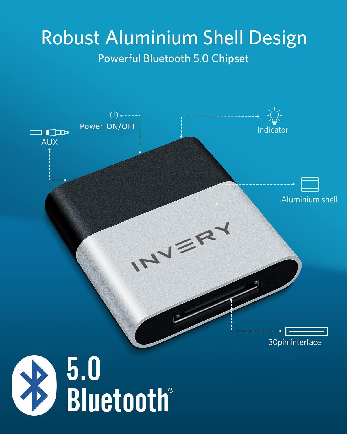 INVERY DockLinQ Pro 30 pin Bluetooth 5.0 Adapter Receiver for Bose Sounddock and Other 30pin iPod iPhone Music Docking Station(Not for Cars) - Image 2