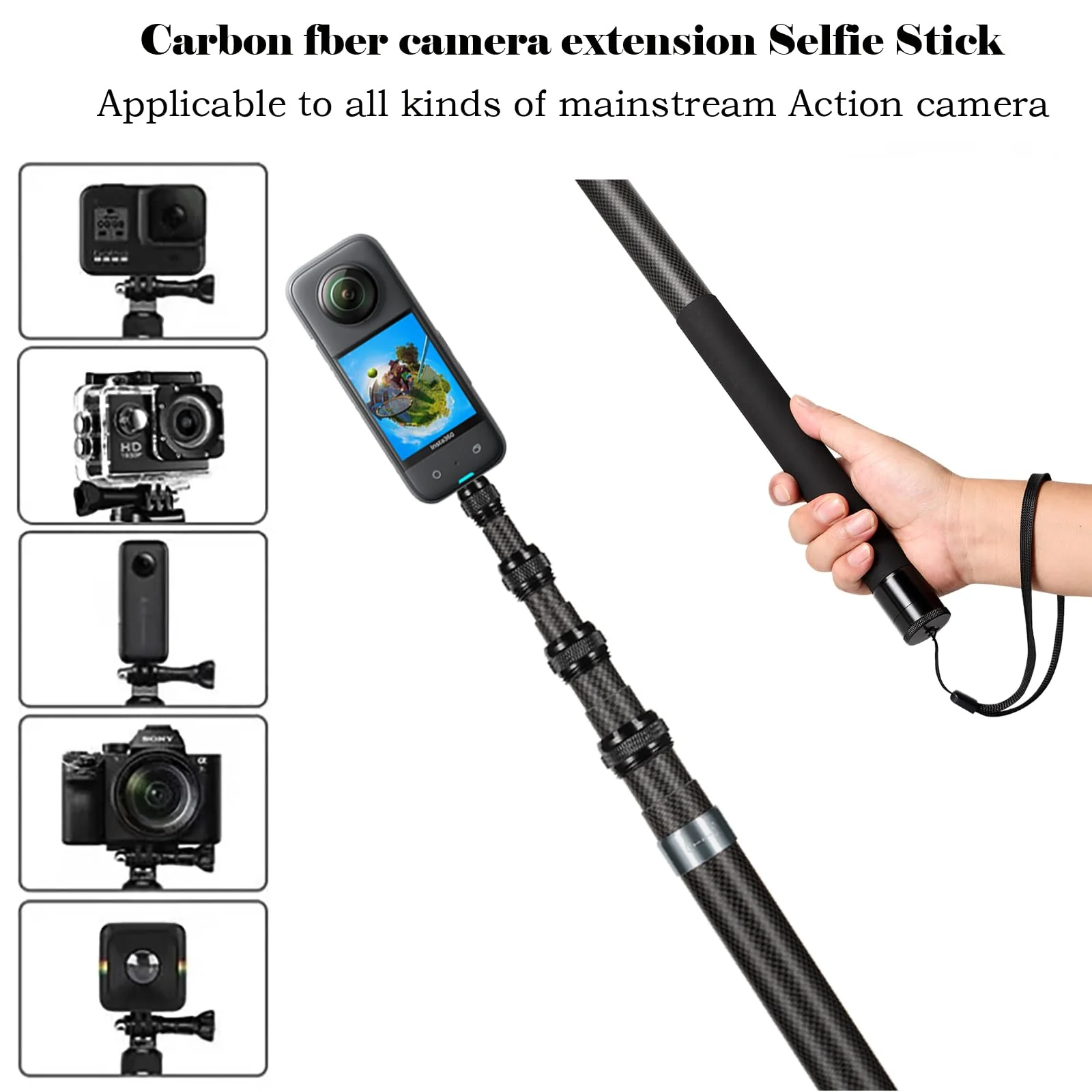 Invisible Selfie Stick Carbon Fiber, 118"/3.0m Extended, Compatible with Insta360 x4 Insta 360 x4 x3 x2 x Cameras (Grey) Grey - Image 5