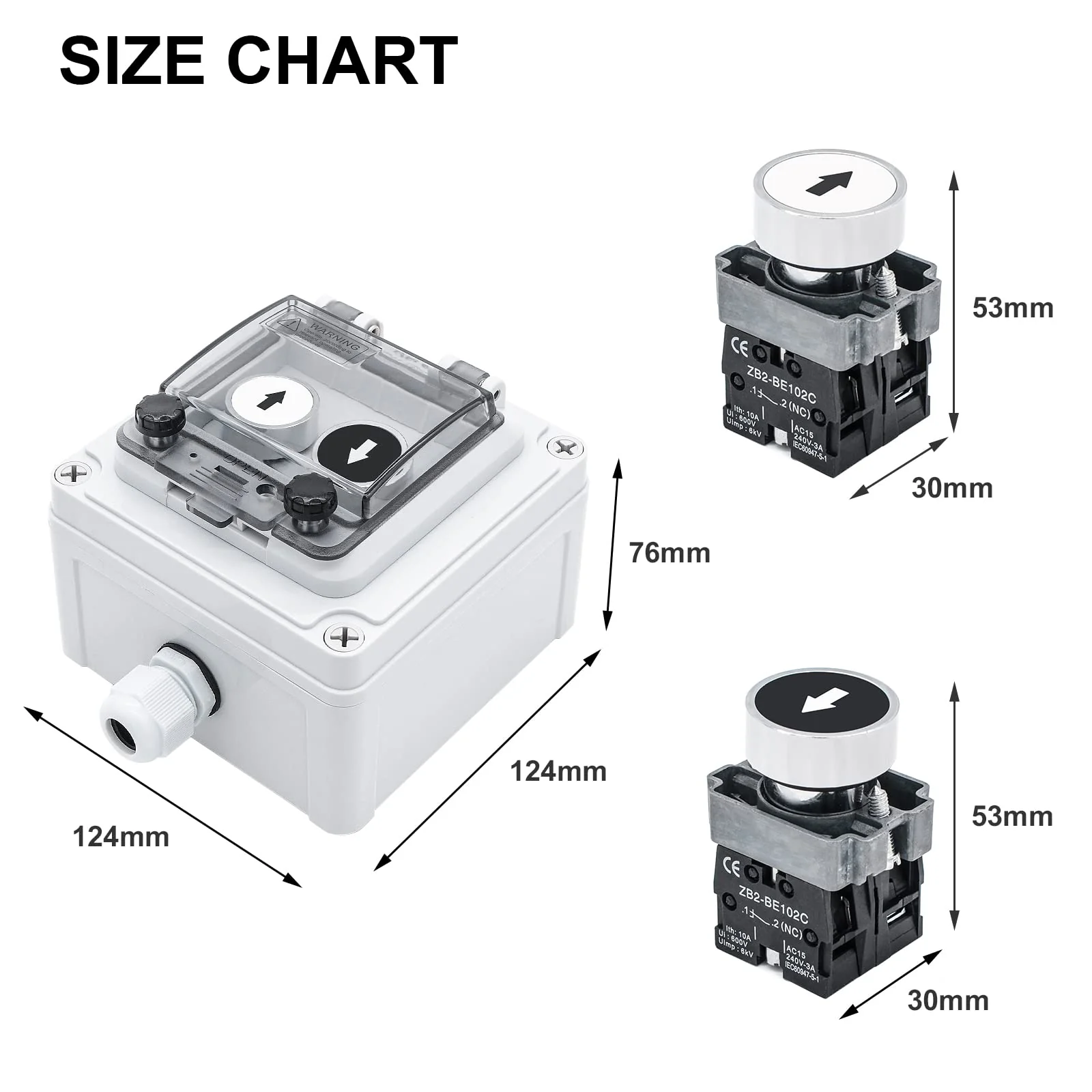 IP67 Button Switch Outdoor Waterproof Box 2 Push Button White Up Black Down Button with Protective Cover Anti-misoperation Switch(AC/DC 6A-110V/3A-240V/2.5A-380V) 2 Buttons-White Up & Black Down Self-Resetting - Image 7