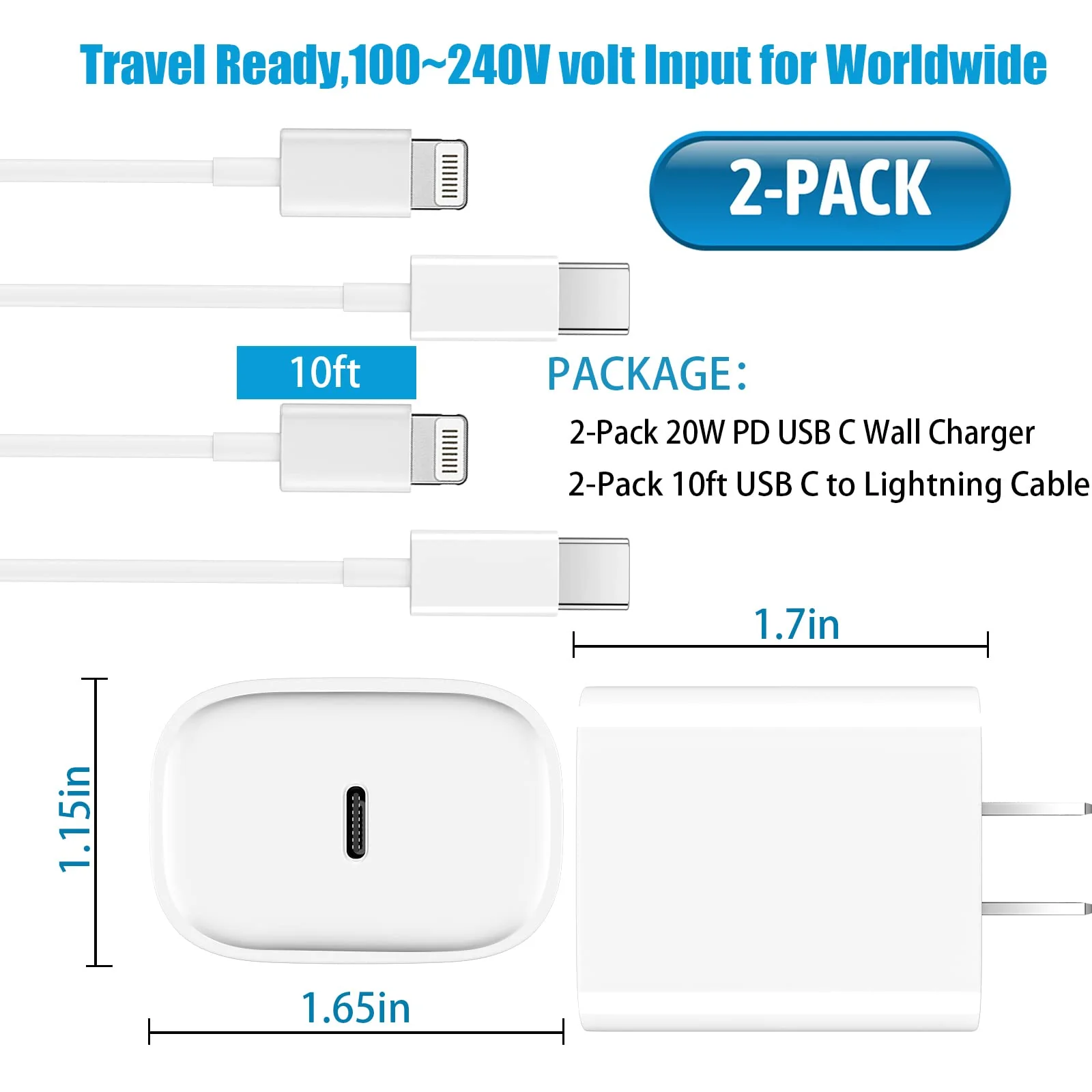 iPhone 13 12 11 Fast Charger [MFi Certified],10FT Long Fast Charging Lightning Cable with 20W USB C Charger Block for iPhone13/13Pro Max/12/12 Pro Max/11/11Pro/XS/Max/XR/X/8Plus,iPad,2 Pack White - Image 7