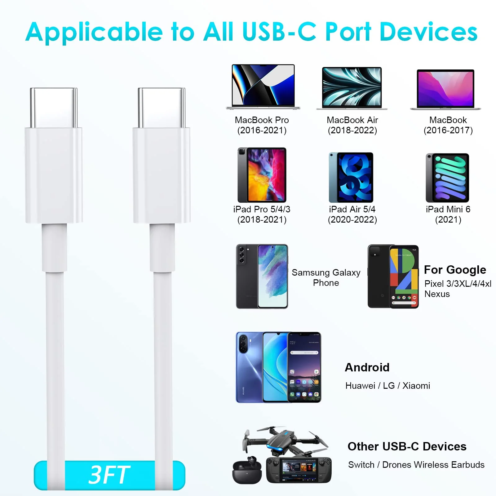 iPhone 15 Charging Cable, USB C Cable, 2 Pieces, 1 m, 60 W, USB C to USB C Fast Charging Cable, PD3.0 USB C Charging Cable for iPhone 15/15Pro/15ProMax, Samsung S23/S22/S21 Series, Huawei Type-C 2Pack1M - Image 7