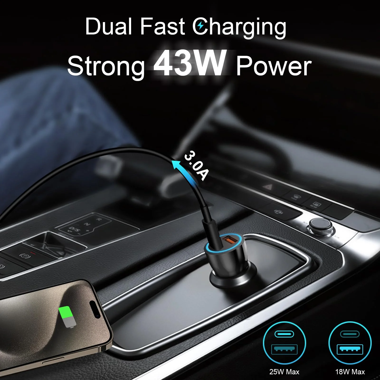 iPhone 16 15 Car Charger, [Apple MFi Certified] USB C Car Charger 43W Fast Charging with 3.3 FT USB C to USB C Cable, PD USB-C & QC 3.0 USB Car Adapter for iPhone 16 15 Pro Max Plus Black 1 Pack - Image 2