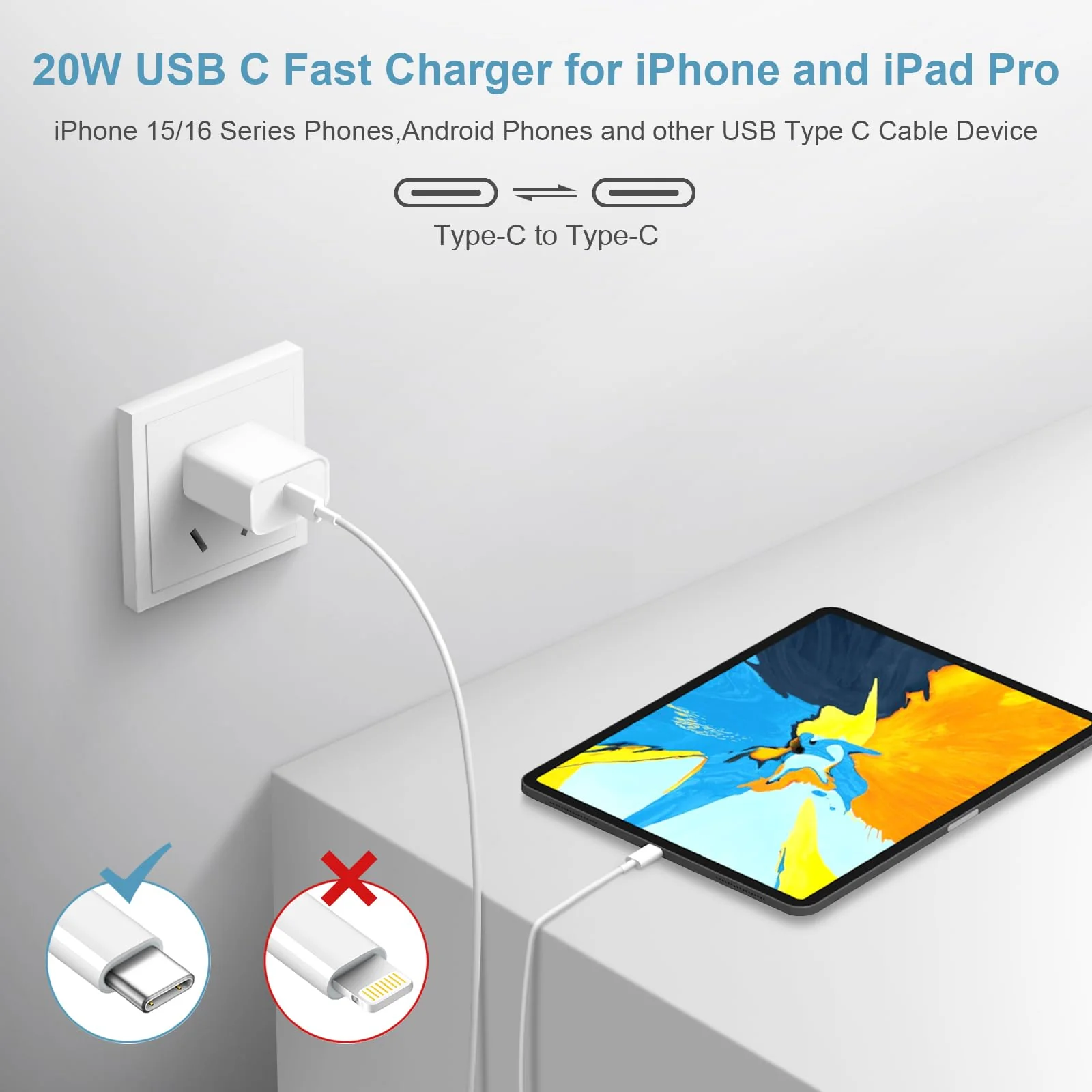 iPhone 16 15 Charger Fast Charging Type C Charger USB C Charger Block iPhone 16 Charger with 2 Pack 6FT Cable for iPhone 16/16 Plus/16 Pro/16 Pro Max/iPhone 15/15 Pro Max/iPad Pro/AirPods White 20W - Image 6