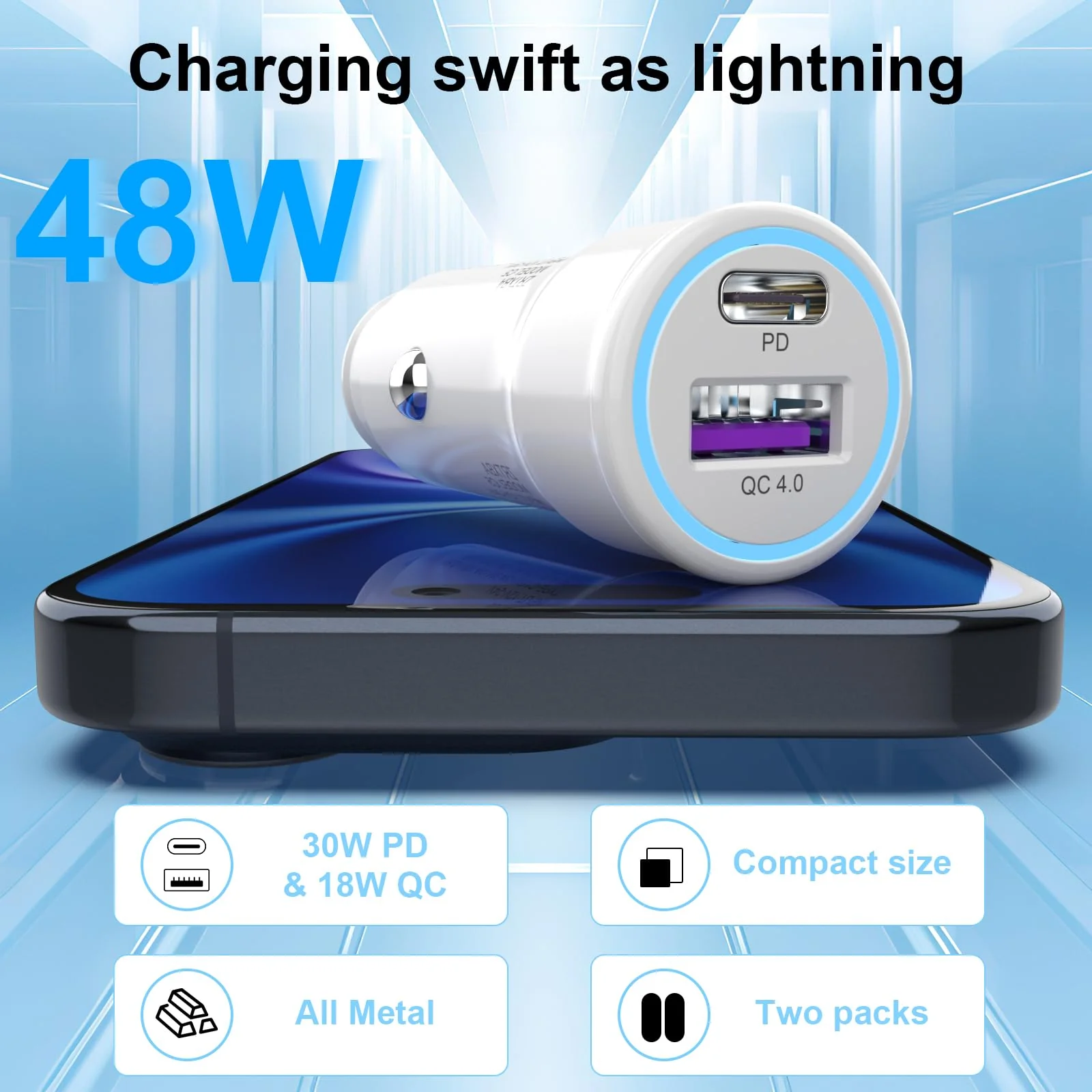 iPhone 16 Car Charger USB C Car Charger Adapter 2Pack 48W PD&QC4.0 Dual Port iPhone Car Charger with USB C to C Cable for iPhone 16/15 Series, Samsung Galaxy Series, iPad Pro, AirPods,Pixel,and More - Image 2