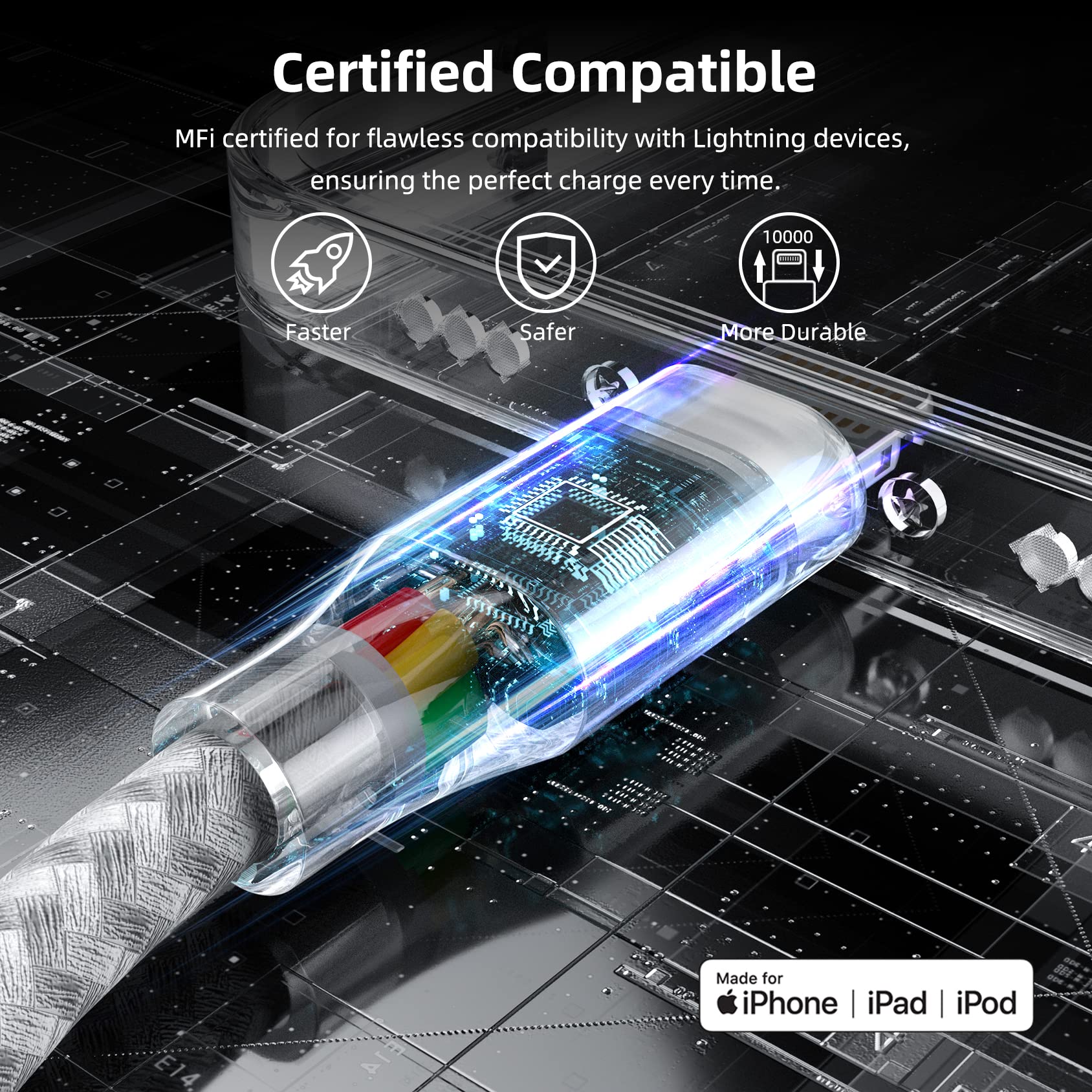 iPhone Charger 3 Pack 10 ft Apple MFi Certified Lightning Cable Nylon Braided Cable iPhone Charger Fast Charging Cord Compatible with iPhone 13 12 11 Pro Max XR XS X 8 7 6 Plus SE iPad and More - Image 2