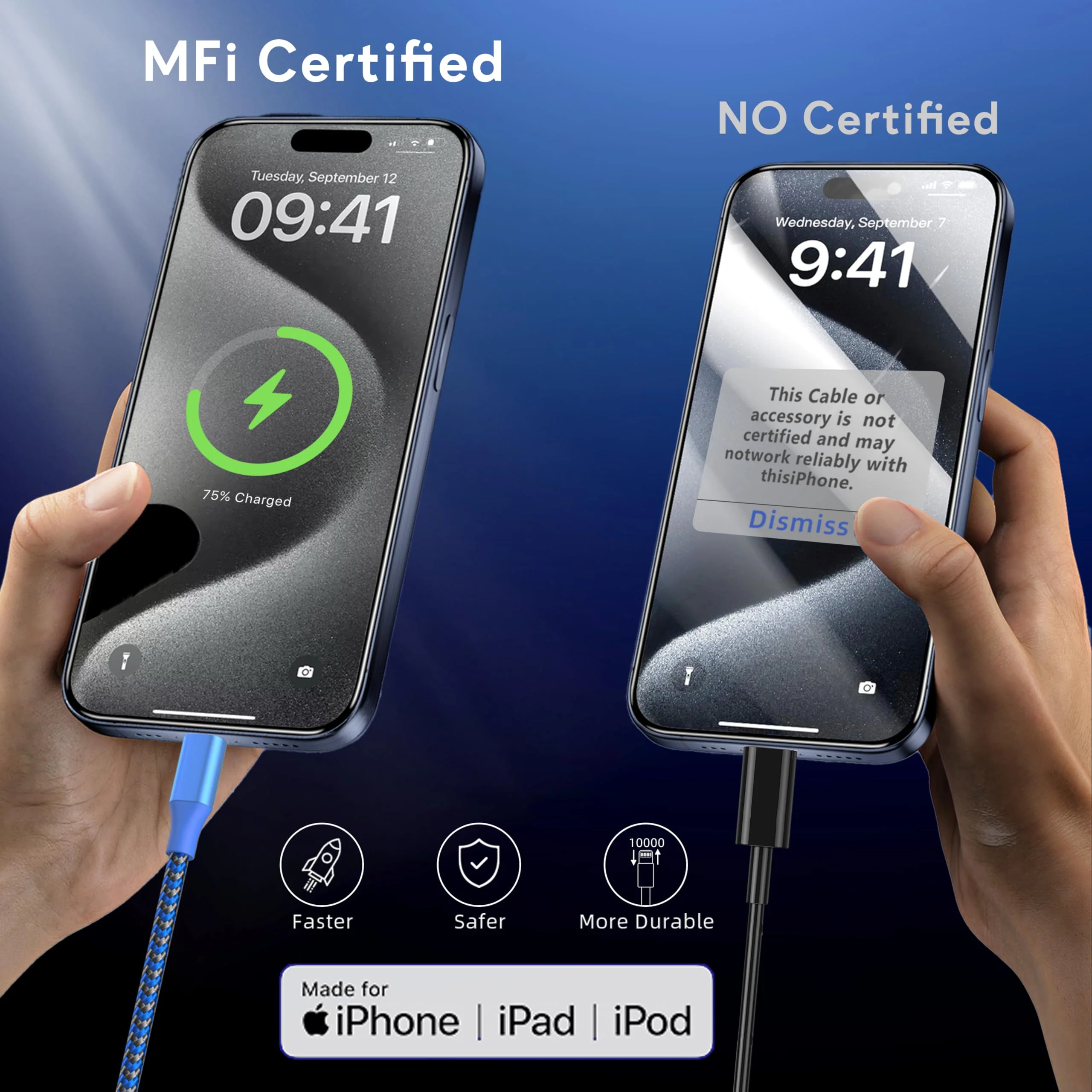 iPhone Charger Cord 3Pack 10FT Apple MFi Certified Nylon Braided Fast Charging Lightning Cable Compatible with iPhone 14/13/12/11 Pro/11/XS MAX/XR and More - Image 4