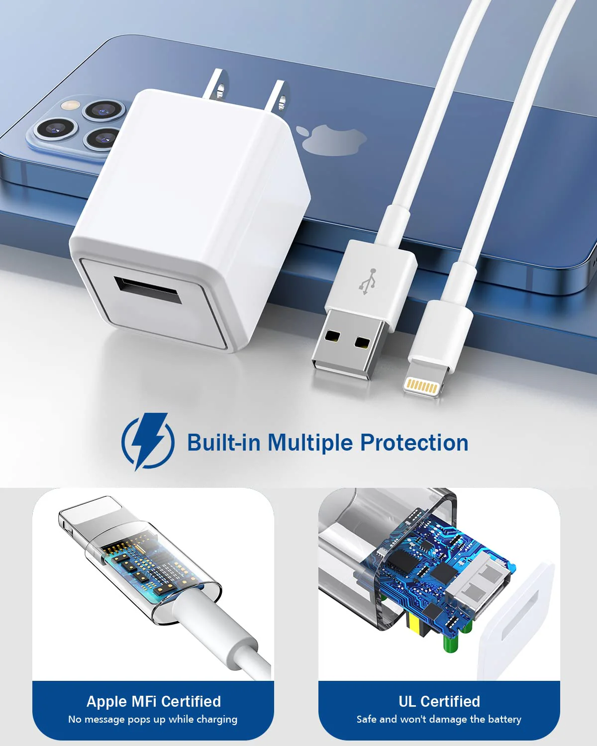 iPhone Charger,Long 6FT iPhone Charger 2Pack iPhone Cord 6feet USB to Lightning Cable Quick Fast Charging Data Sync Cord USB Wall Charger Block Adapter for iPhone 14/13/12/11/XS/XR/X/8/7/5/SE2022/iPad - Image 2