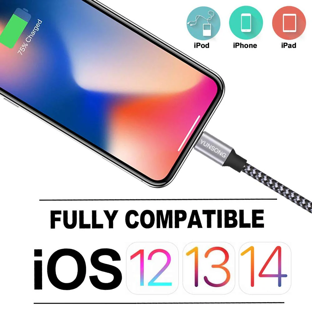iPhone Charger, YUNSONG 3Pack 6FT Nylon Braided Lightning Cable Fast Charging High Speed Data Sync USB Cord Compatible with iPhone 13 12 11 Pro Max XS XR X 8 7 6S 6 Plus SE 5S Grey - Image 4
