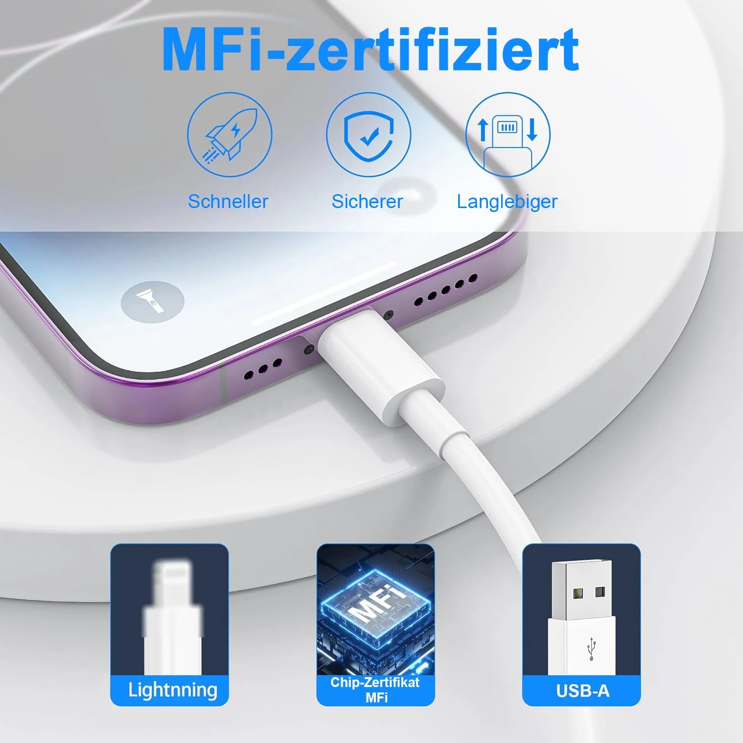 iPhone Charging Cable 2 Pack 1 M + 2 M USB to Lightning Cable MFi Certified for Apple Original Fast Charging Cable, for iPhone 14/13/12/11/Pro/ProMax/Mini/XS/XR/MAX/X/8/7/6/6s/Plus/SE/iPad Mini White - Image 2