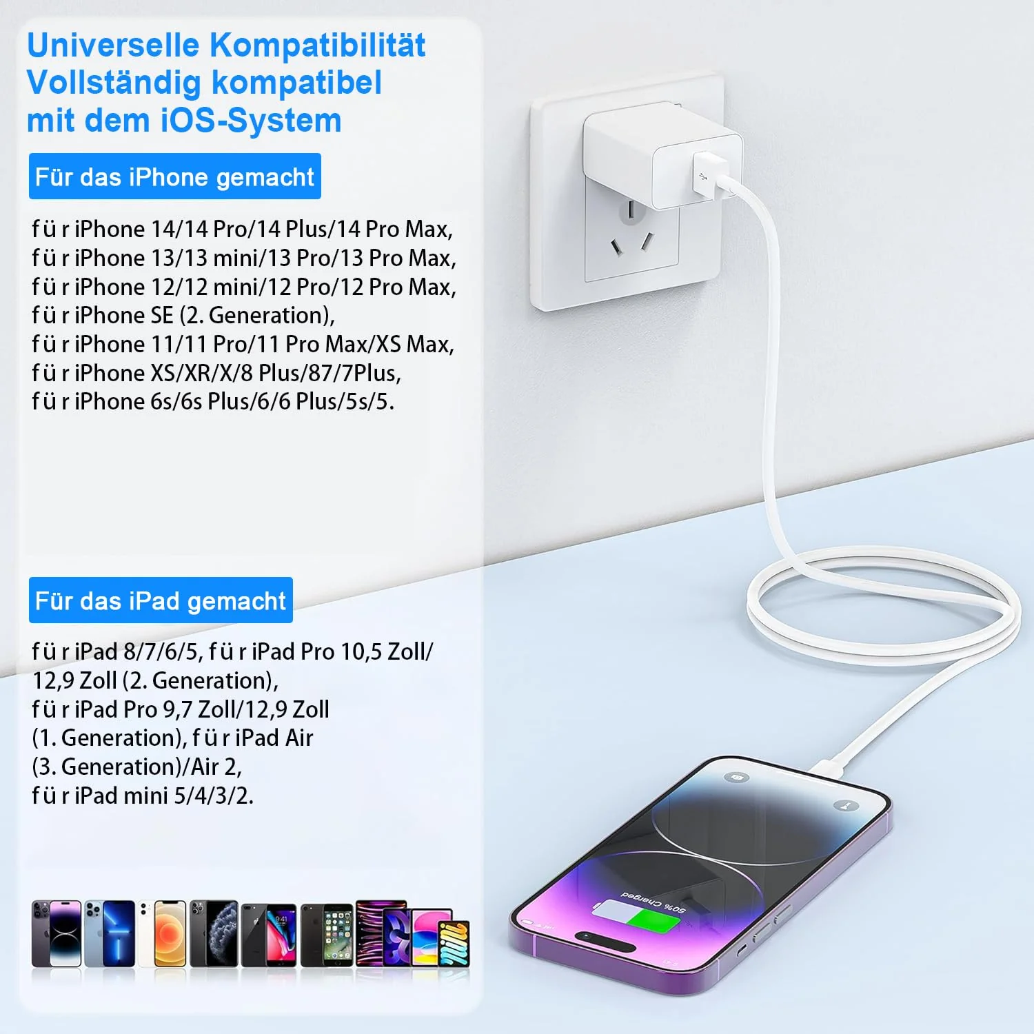 iPhone Charging Cable 2 Pack 1 M + 2 M USB to Lightning Cable MFi Certified for Apple Original Fast Charging Cable, for iPhone 14/13/12/11/Pro/ProMax/Mini/XS/XR/MAX/X/8/7/6/6s/Plus/SE/iPad Mini White - Image 7