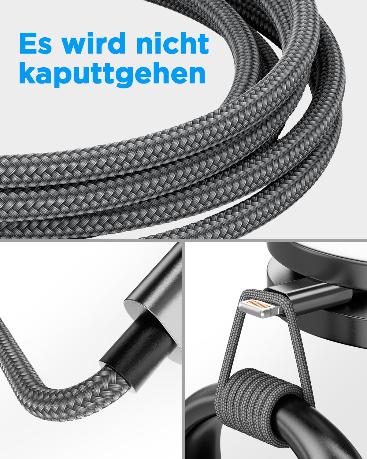 iPhone Charging Cable, Lightning Cable, 3M Charging Cable, iPhone Cable, MFi Certified iPhone Fast Charging Cable, Nylon Fast USB Lightning Cable for iPhone 14 13 12 11 Pro Max Mini XS XR X 8 7 6 6s 3 metres grey - Image 4