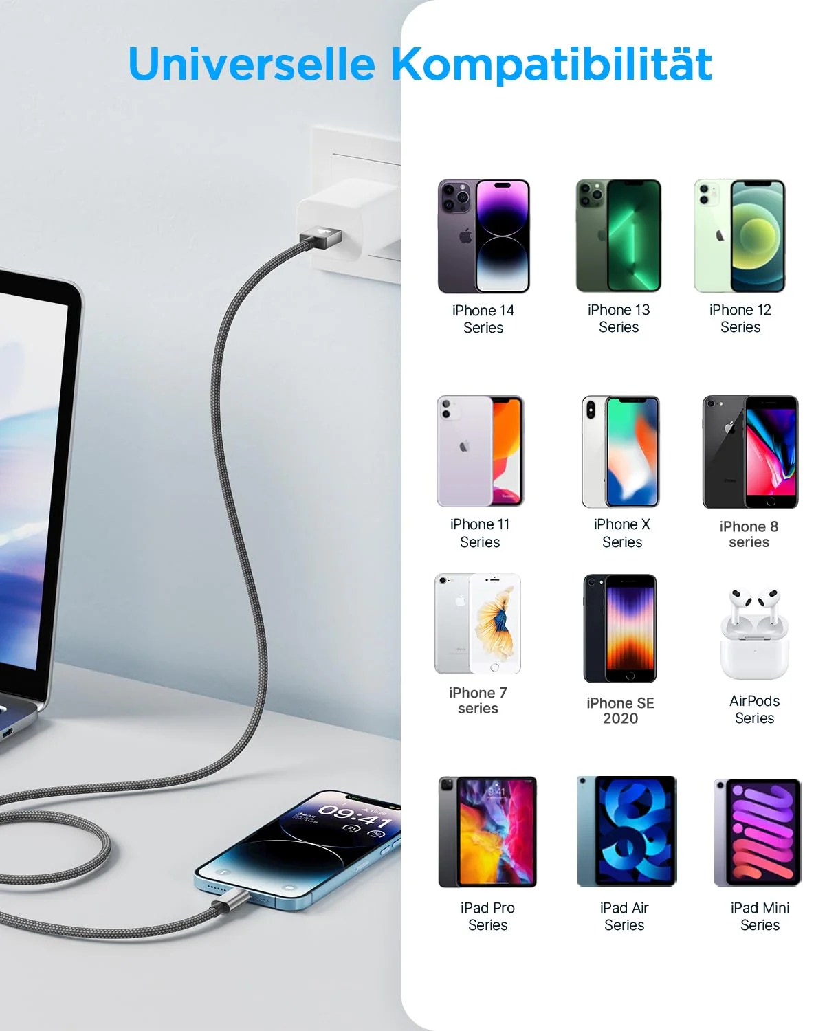 iPhone Charging Cable, Lightning Cable, 3M Charging Cable, iPhone Cable, MFi Certified iPhone Fast Charging Cable, Nylon Fast USB Lightning Cable for iPhone 14 13 12 11 Pro Max Mini XS XR X 8 7 6 6s 3 metres grey - Image 6