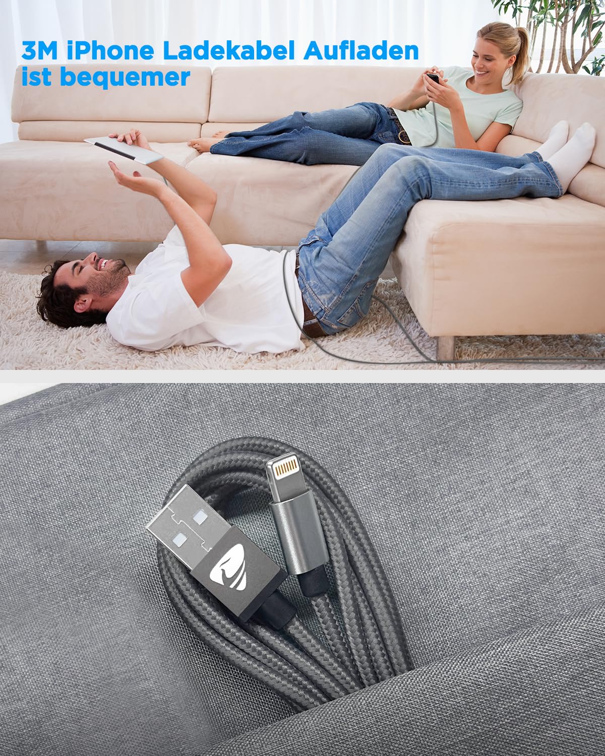 iPhone Charging Cable, Lightning Cable, 3M Charging Cable, iPhone Cable, MFi Certified iPhone Fast Charging Cable, Nylon Fast USB Lightning Cable for iPhone 14 13 12 11 Pro Max Mini XS XR X 8 7 6 6s 3 metres grey - Image 7