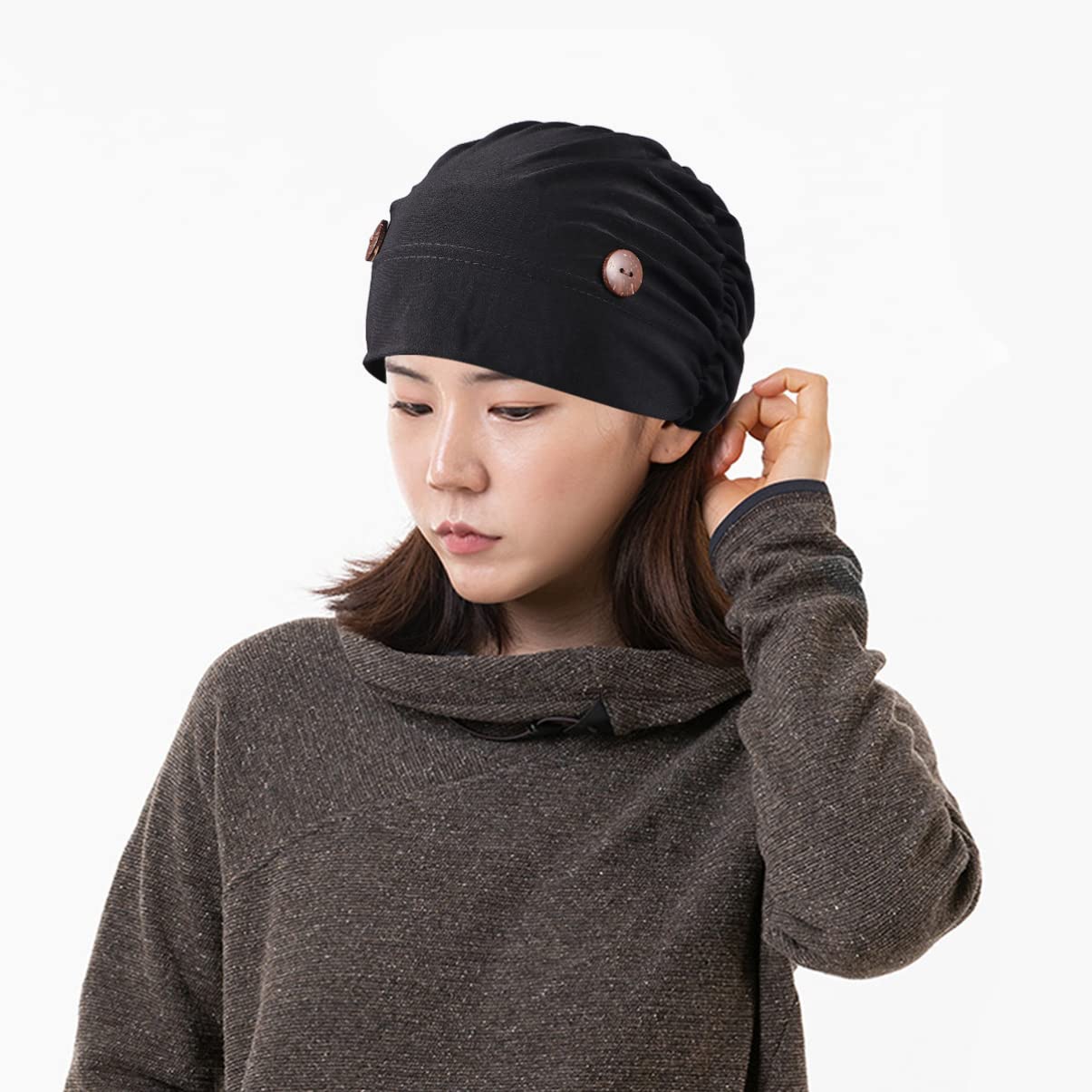 iplusmile Chemotherapy Hat with Buttons Turbans Hat Chemo Hat Headwear Sleep Cap Headwrap Cancer Slouchy Hat Peeling Hat Bouffant Hats for Women Black M - Image 8