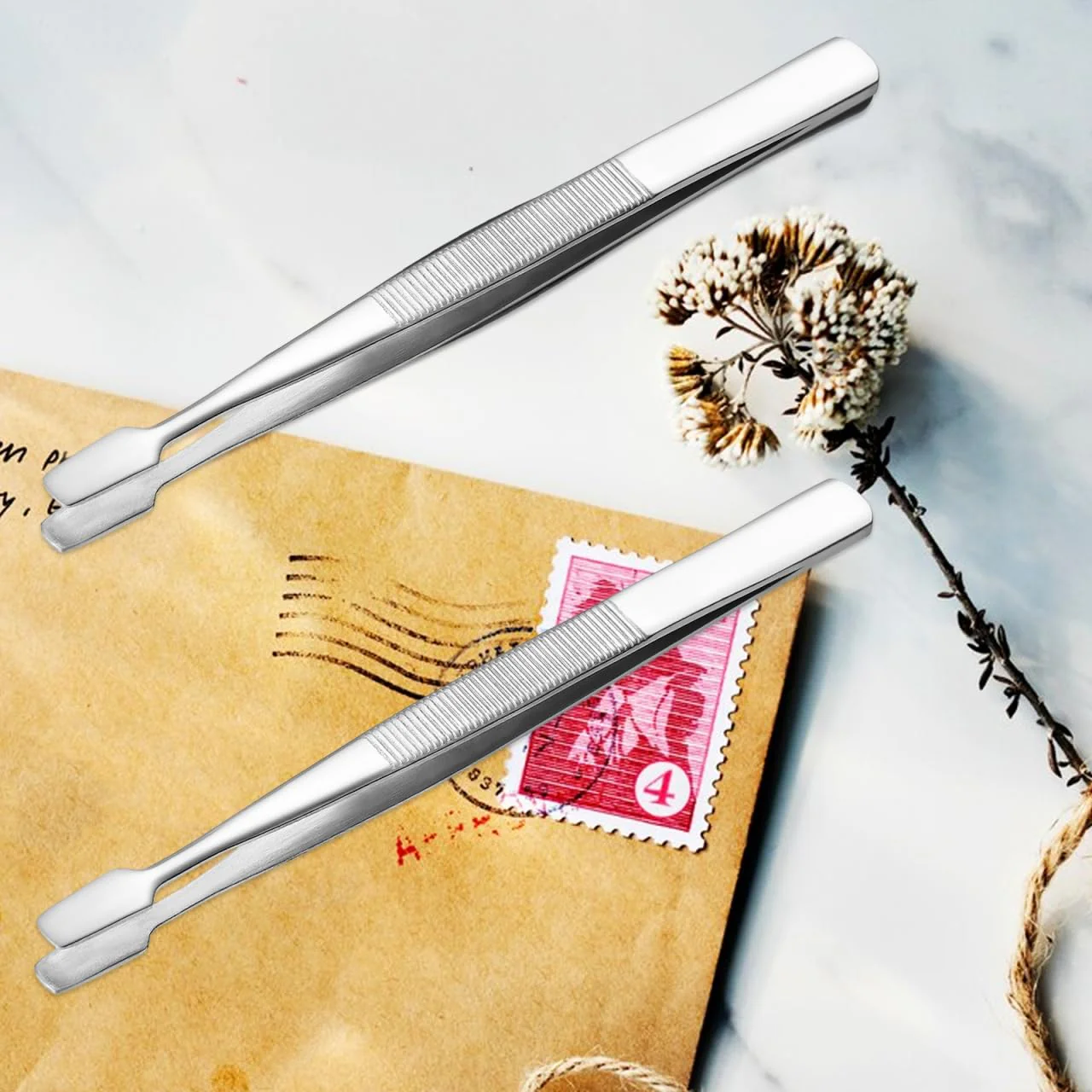 iplusmile Stamp Tweezers Set: 2 Pieces Stainless Steel Flat Wide Tweezers for Stamps, Photo Development, Craft Production - Image 2