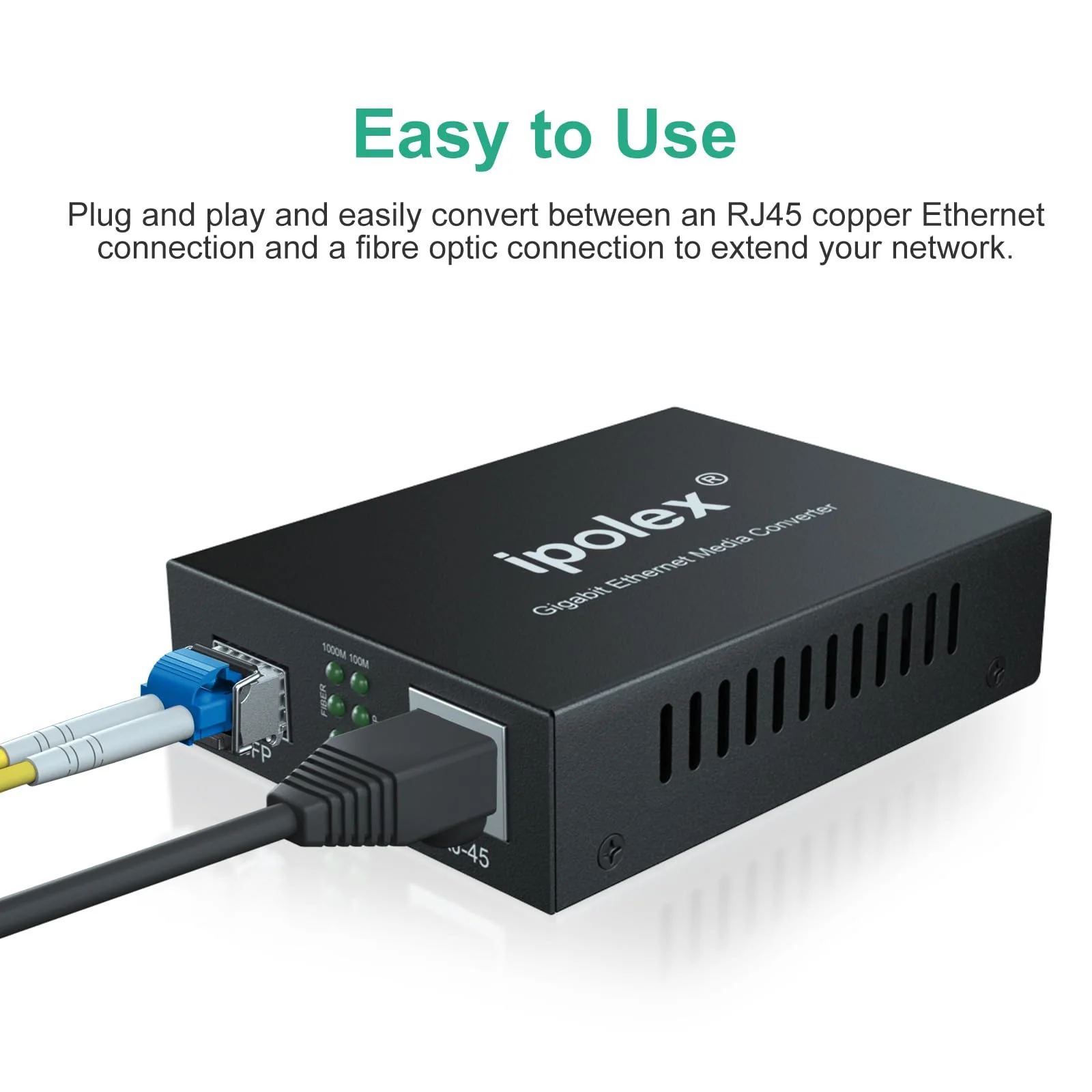 ipolex Gigabit Single-Mode LC Fiber to Ethernet Media Converter (SFP LX Modules Included),1.25G Fiber Media Converter, 1000Base-LX to 10/100/1000Base-TX, 1310nm, SMF, Transmission up to 20KM, 2 Pack Standard Kit #2: SFP 20km x2 - Image 2