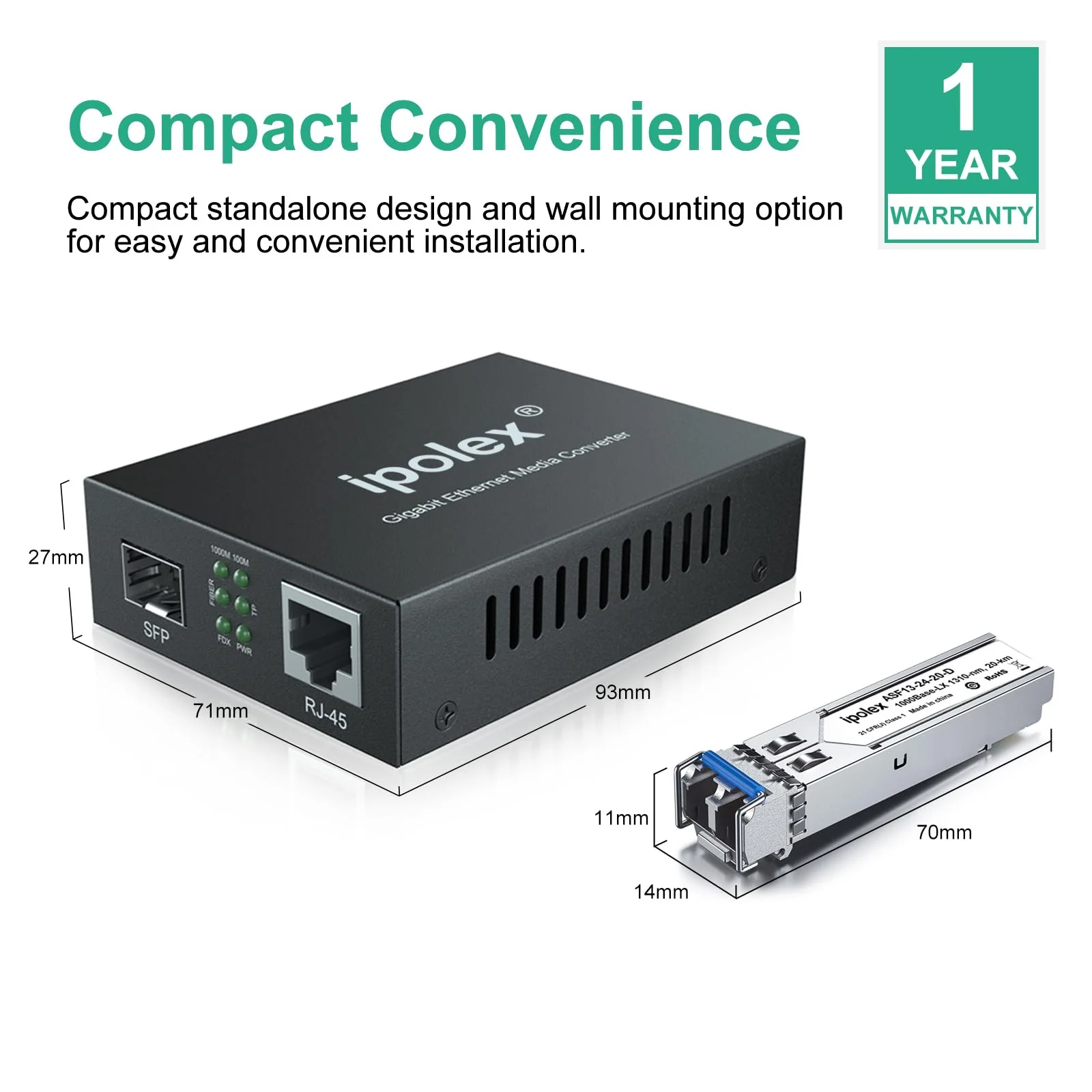 ipolex Gigabit Single-Mode LC Fiber to Ethernet Media Converter with SFP LX Module, 1.25G SFP Fiber to Copper RJ45, 1000Base-LX to 10/100/1000Base-TX, 1310nm, SMF, Transmission up to 20-KM Standard Kit #2: SFP 20km x1 - Image 7