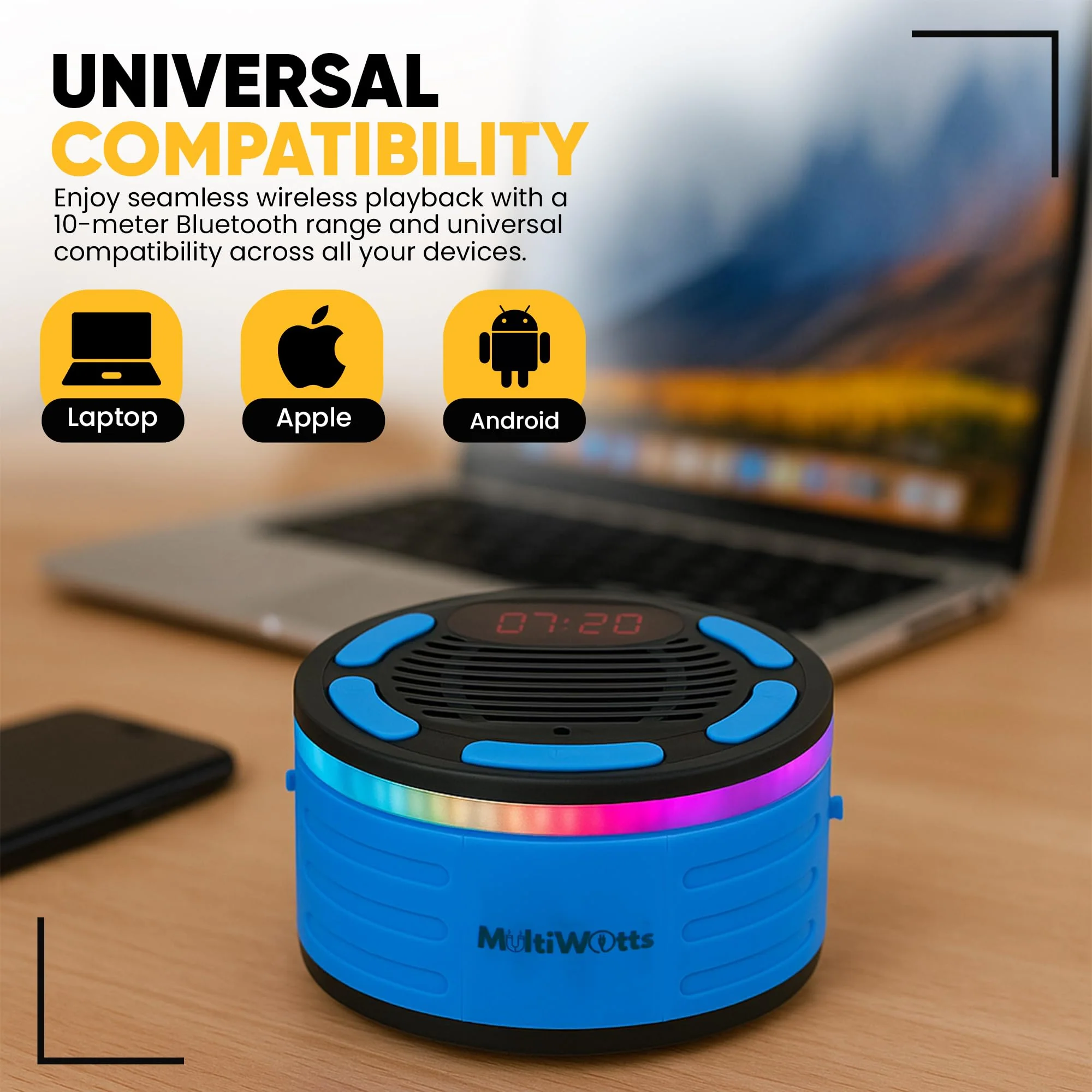 IPX7 Waterproof Bluetooth Speaker with Time, Floating Portable Speaker for Shower, Pool & Beach, Includes MTB Handlebar Holder, Suction Cup & Carabiner, RGB Lights, FM Radio, USB-C - Gifts - Image 3