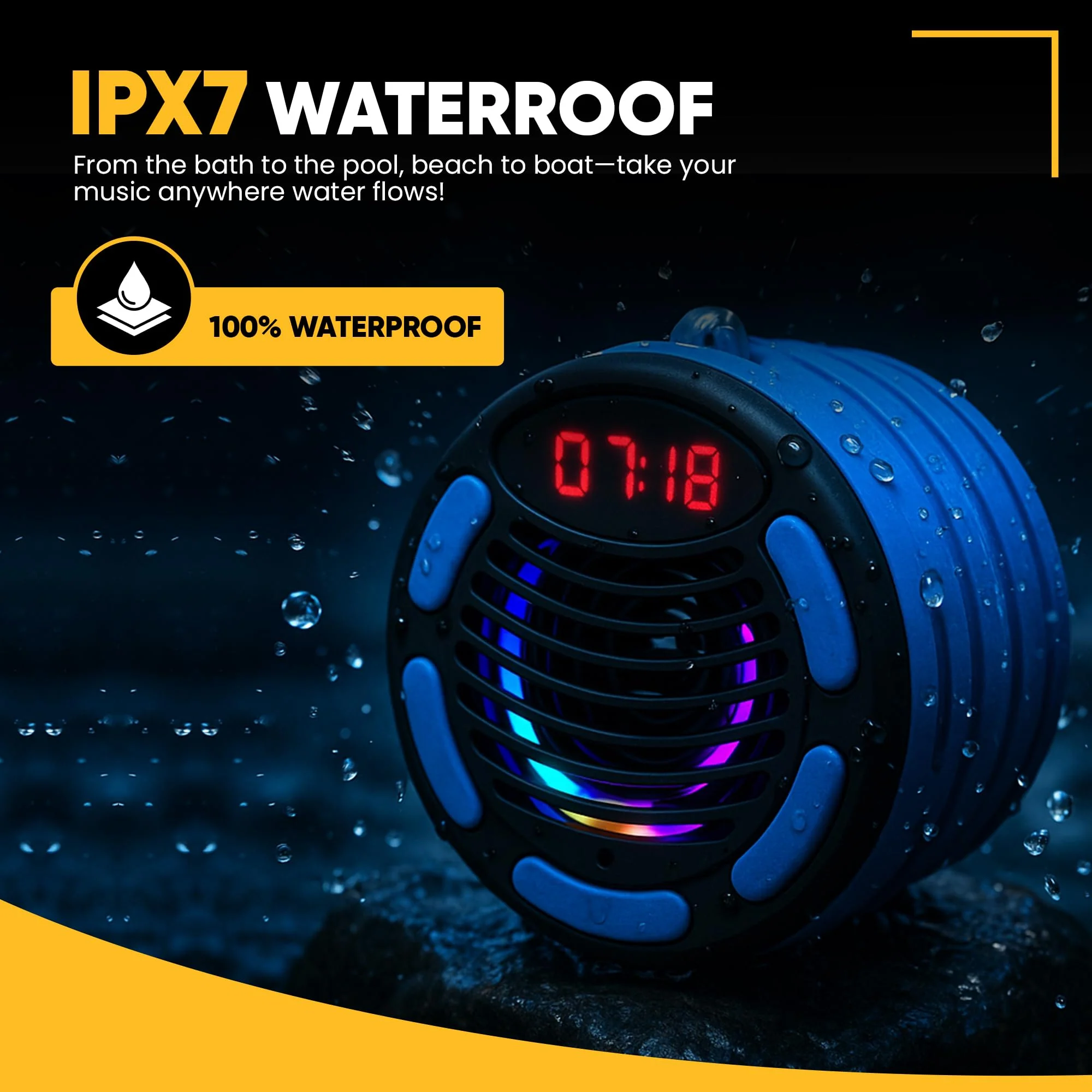 IPX7 Waterproof Bluetooth Speaker with Time, Floating Portable Speaker for Shower, Pool & Beach, Includes MTB Handlebar Holder, Suction Cup & Carabiner, RGB Lights, FM Radio, USB-C - Gifts - Image 4