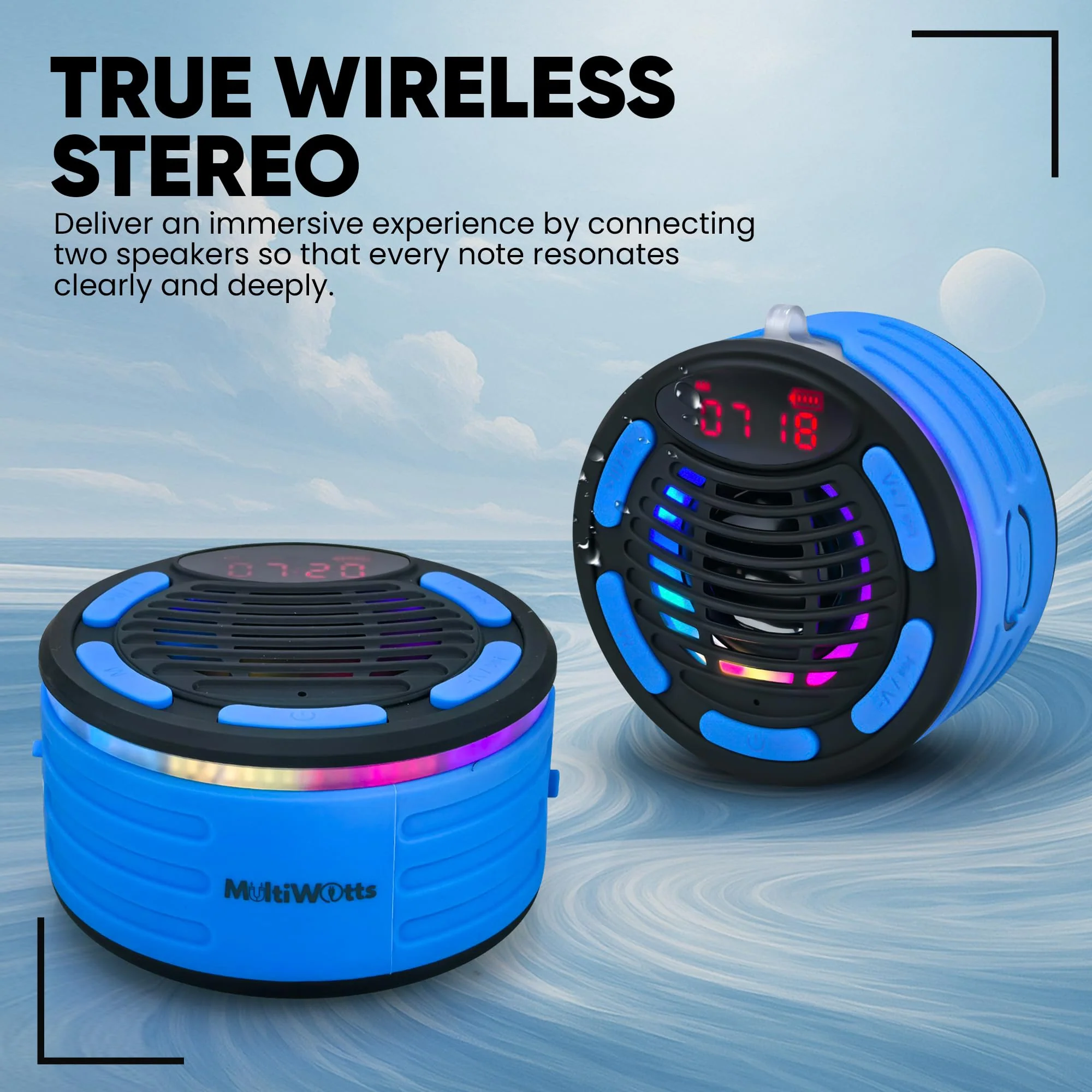 IPX7 Waterproof Bluetooth Speaker with Time, Floating Portable Speaker for Shower, Pool & Beach, Includes MTB Handlebar Holder, Suction Cup & Carabiner, RGB Lights, FM Radio, USB-C - Gifts - Image 6
