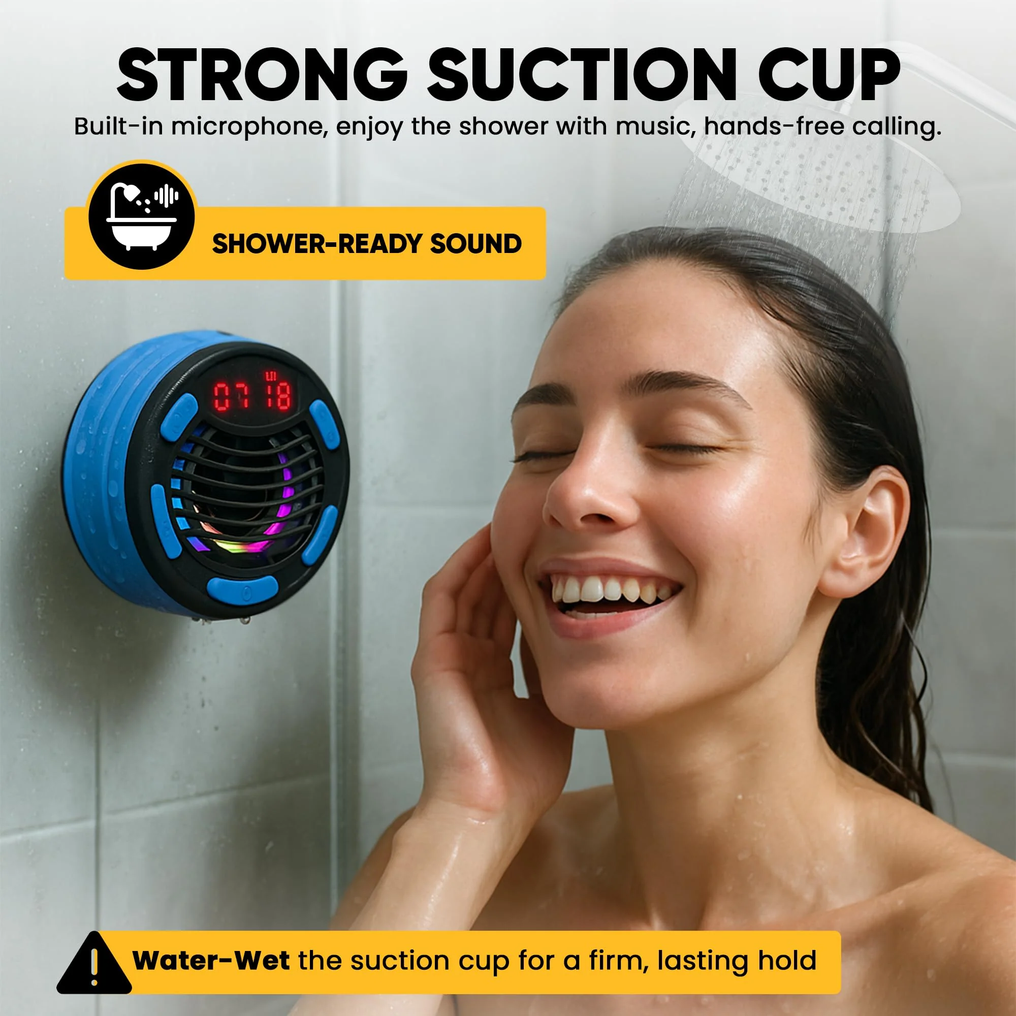 IPX7 Waterproof Bluetooth Speaker with Time, Floating Portable Speaker for Shower, Pool & Beach, Includes MTB Handlebar Holder, Suction Cup & Carabiner, RGB Lights, FM Radio, USB-C - Gifts - Image 8