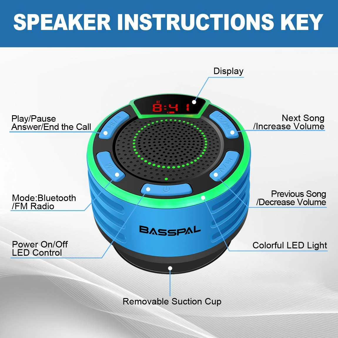 IPX7 Waterproof Speaker, Bluetooth Portable Wireless Shower Speakers with LED Display, FM Radio, Suction Cup, Light Show, TWS, Loud Stereo Sound for Pool Beach Home Party Travel Outdoors BLUE - Image 6