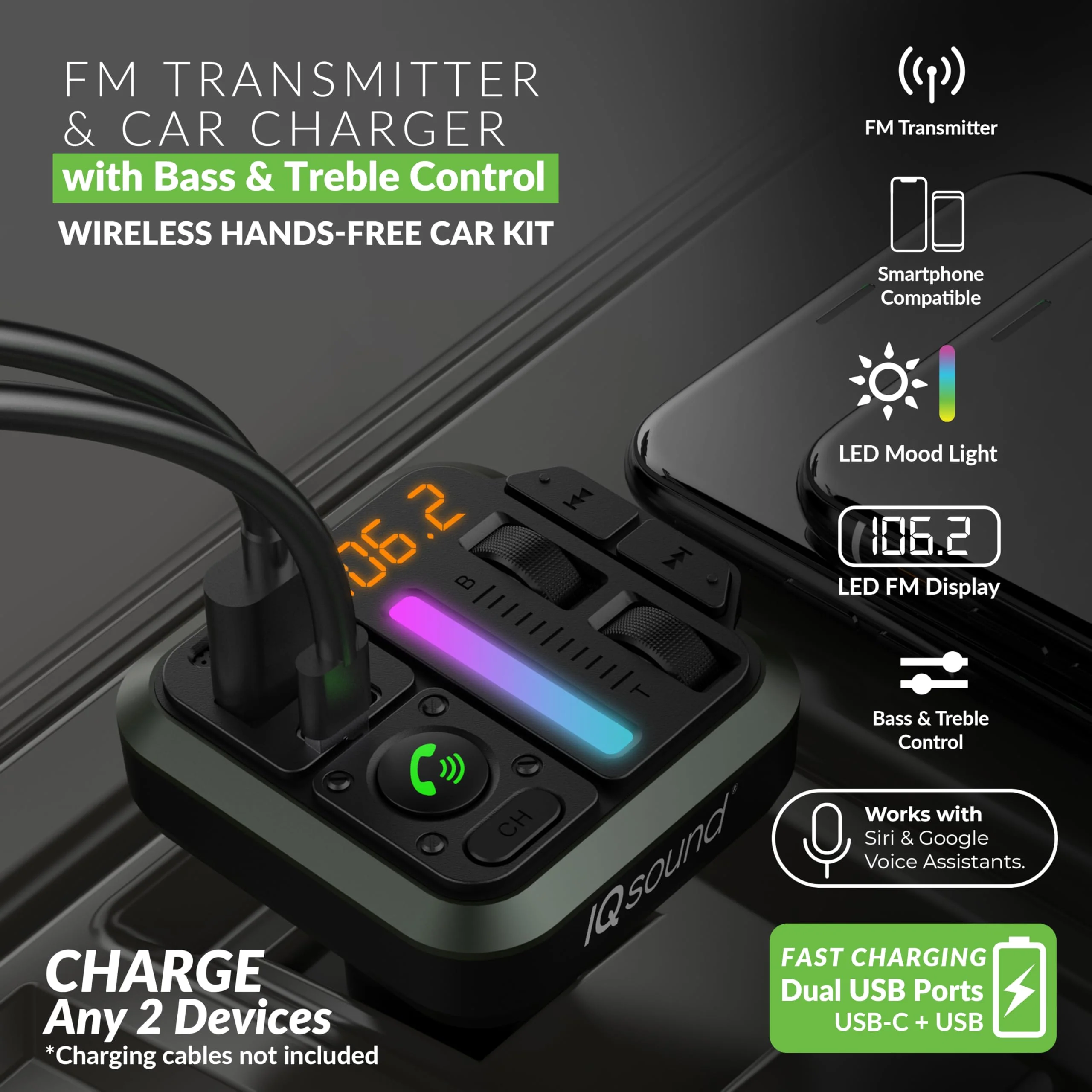 IQ Sound IQ-311BT 2-in-1 FM Bluetooth Transmitter & Car Charger with Bass & Treble Control, Wirelessly Stream Calls & Music, Hands-Free Mode, LED Display, Fast-Charging, Siri/Google Voice - Image 2
