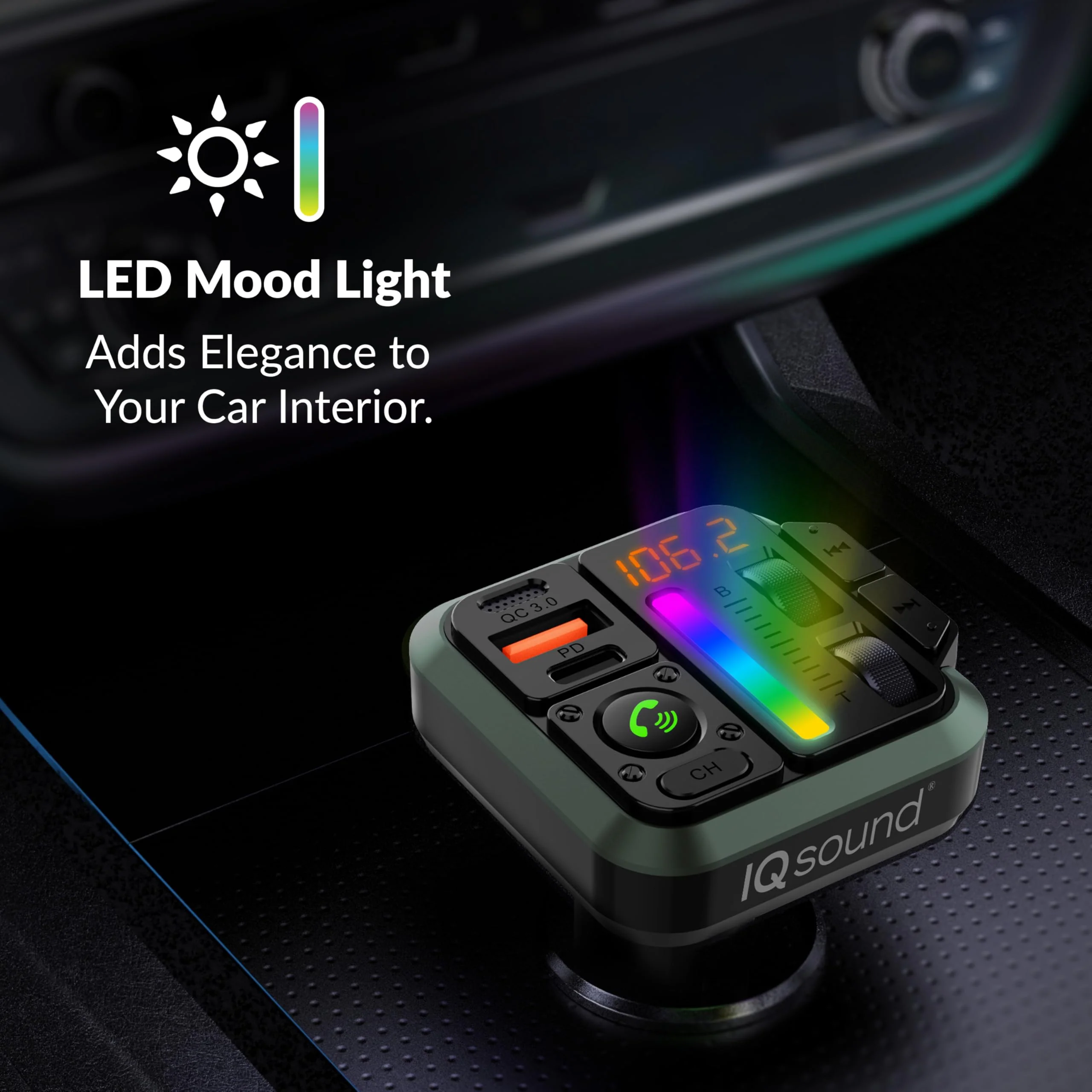 IQ Sound IQ-311BT 2-in-1 FM Bluetooth Transmitter & Car Charger with Bass & Treble Control, Wirelessly Stream Calls & Music, Hands-Free Mode, LED Display, Fast-Charging, Siri/Google Voice - Image 3