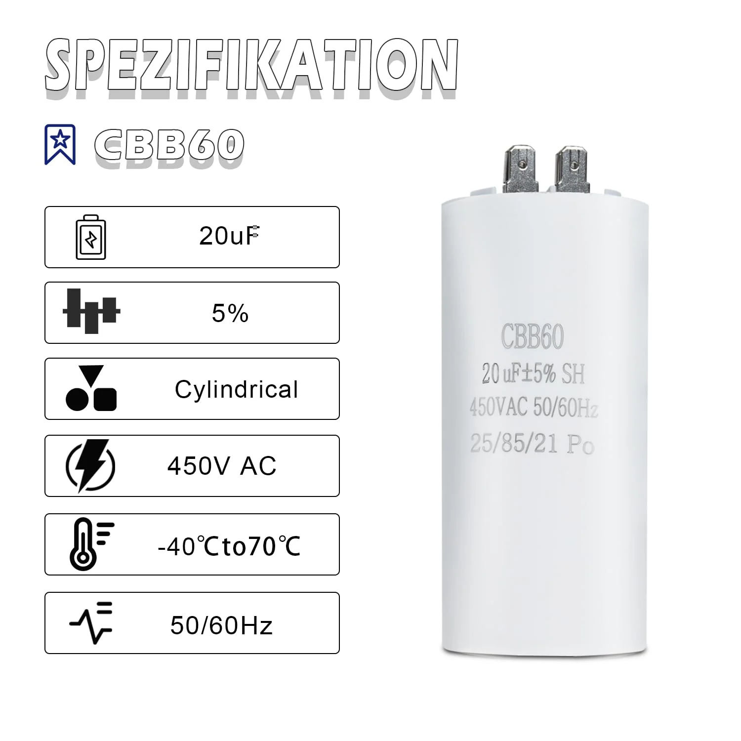 Iruihoo CBB60 Motor Capacitor, 20µF 450V Capacitor 50/60Hz Starting Capacitor 20UF Motor Run Capacitor Plug for Electric Motor P_20uF - Image 2
