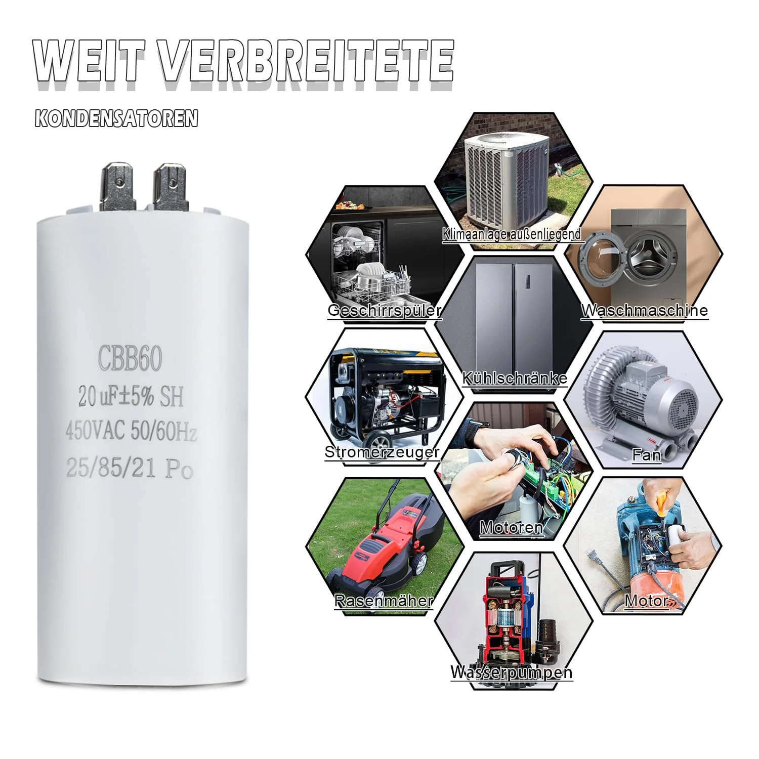 Iruihoo CBB60 Motor Capacitor, 20µF 450V Capacitor 50/60Hz Starting Capacitor 20UF Motor Run Capacitor Plug for Electric Motor P_20uF - Image 3