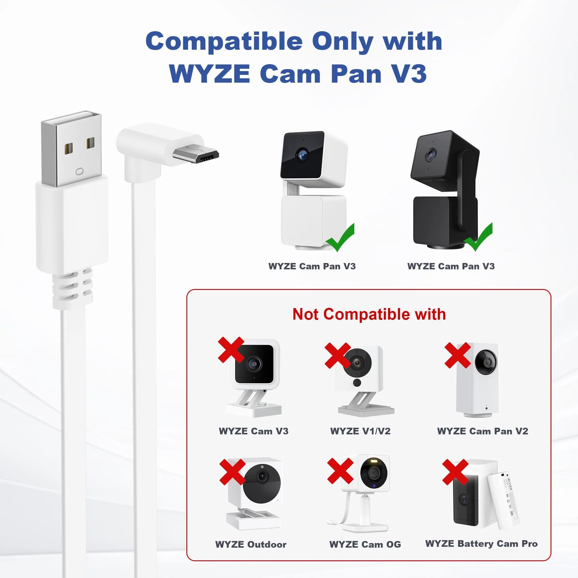 Itramax WYZE Cam Pan V3 Charger Cable 15FT 2Pack,Micro USB Extension Cord 90 Degree Power Adapter L-Shaped Long Flat Charging for WYZE Pan V3 Outdoor Camera No Support Data Transfer,White 20 25 30 FT 15FT/4.5M White - Image 2