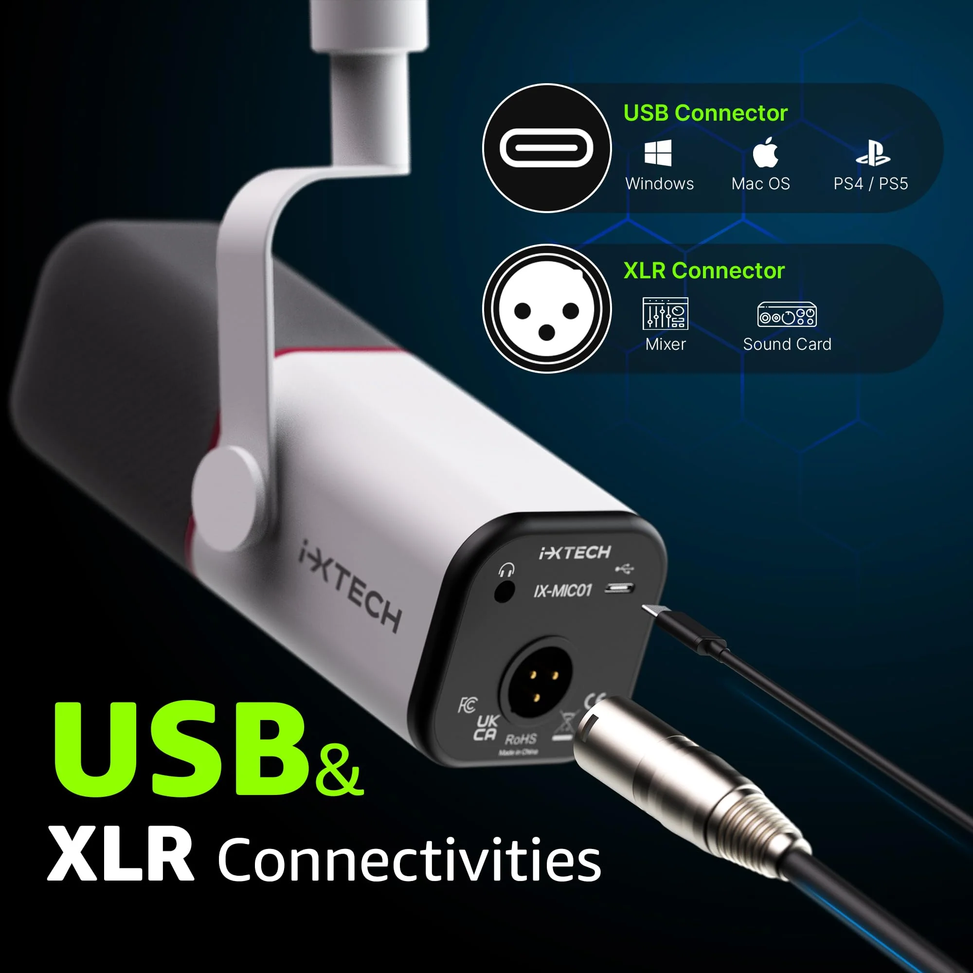 IXTECH Cardioid Dynamic Microphone with Mic Cover, Vocal USB XLR Microphone for Podcasting, Streaming, Recording, Gaming and Voice-Over (White) Dynamic Mic White - Image 3