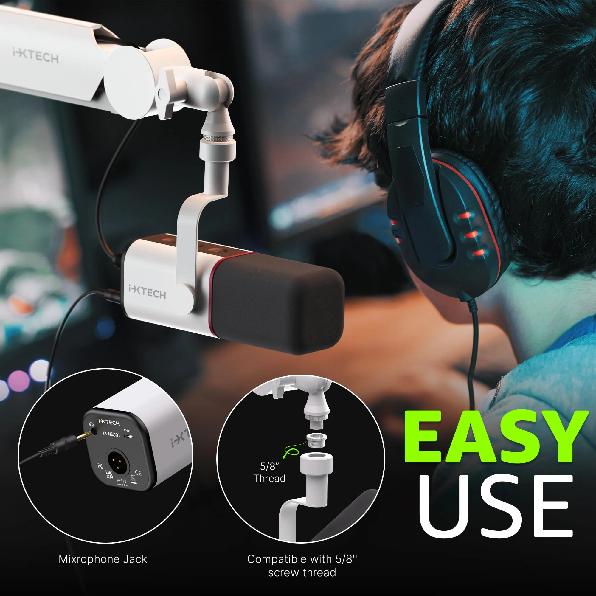 IXTECH Cardioid Dynamic Microphone with Mic Cover, Vocal USB XLR Microphone for Podcasting, Streaming, Recording, Gaming and Voice-Over (White) Dynamic Mic White - Image 6