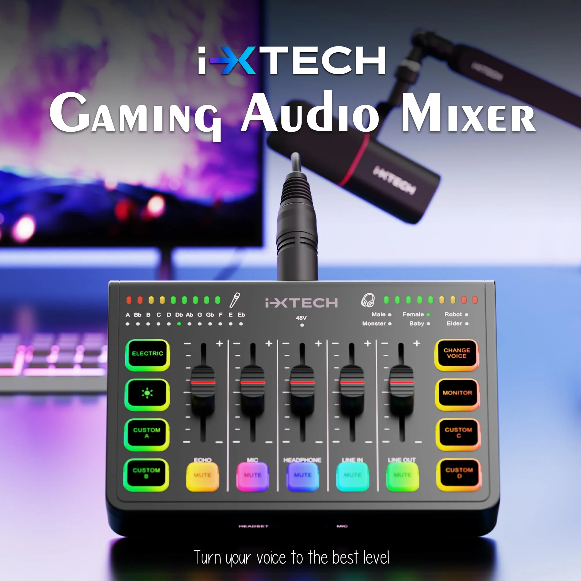 IXTECH Gaming Audio Mixer 4 Channel Soundboard, Streaming RGB PC Audio Interface with XLR Microphone Support, Audio Equalizer for Gaming Podcast Streaming Karaoke, Individual Volume Controls (Black) IX-MI-MIX01 Black - Image 2