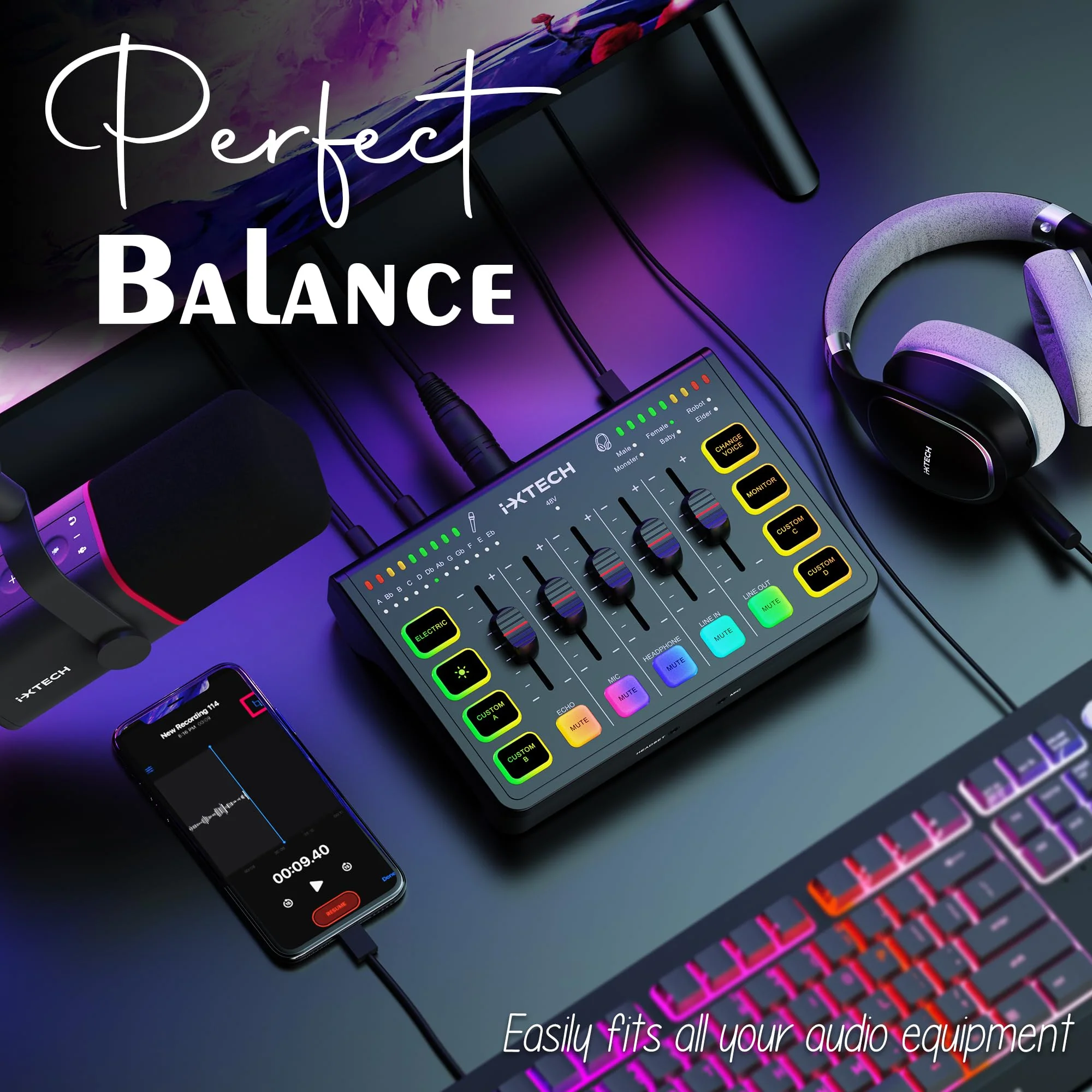 IXTECH Gaming Audio Mixer 4 Channel Soundboard, Streaming RGB PC Audio Interface with XLR Microphone Support, Audio Equalizer for Gaming Podcast Streaming Karaoke, Individual Volume Controls (Black) IX-MI-MIX01 Black - Image 3