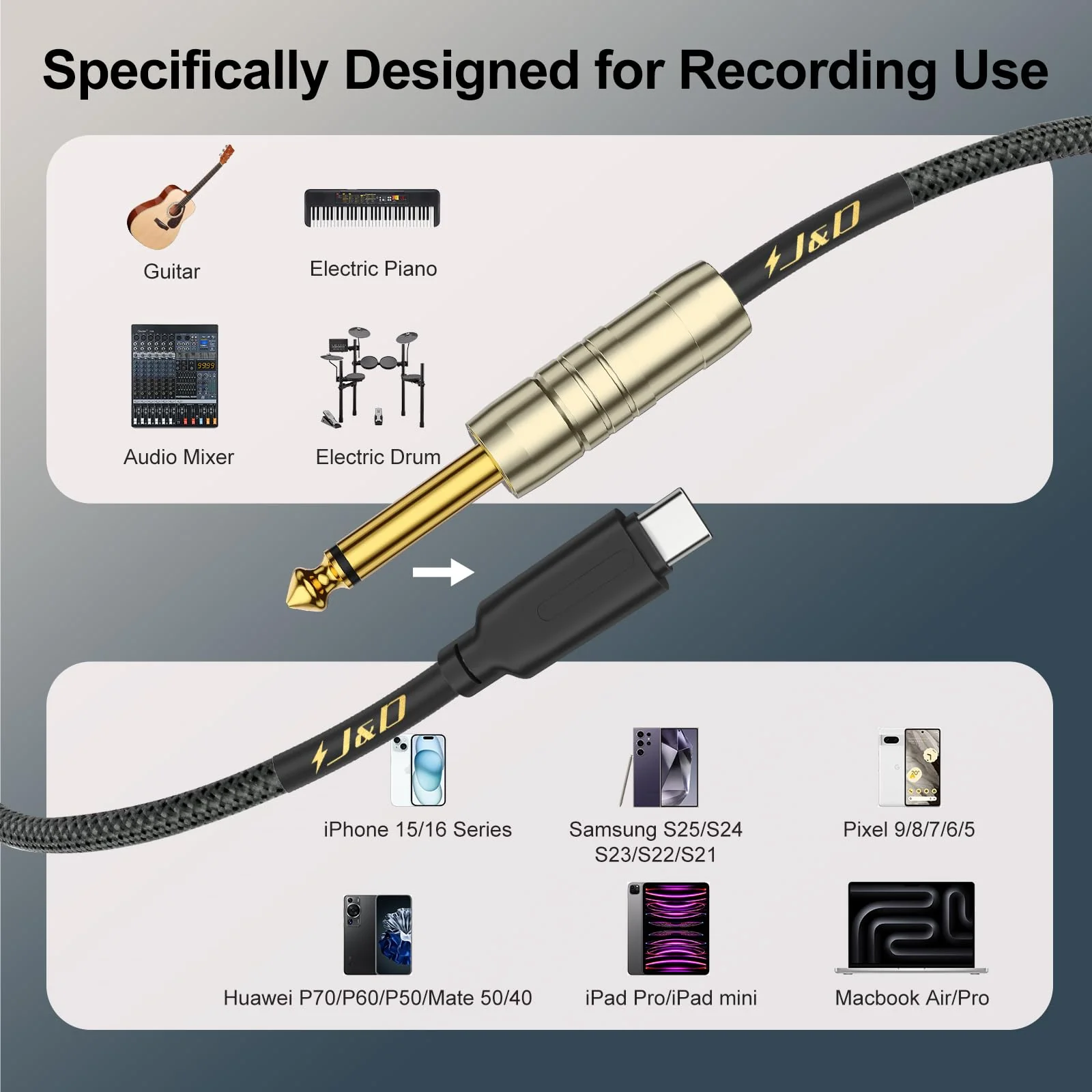 J&D USB C to 6.35 mm 1/4 inch TS Guitar Audio Cable, Audio Recording, Bass, Electronic Piano Microphone Cord Compatible with iPhone 16 Pro Max/16 Pro/16 Plus/16/15/15 Pro Max/15 Pro/15 Plus, 10 Feet Blue - Image 3