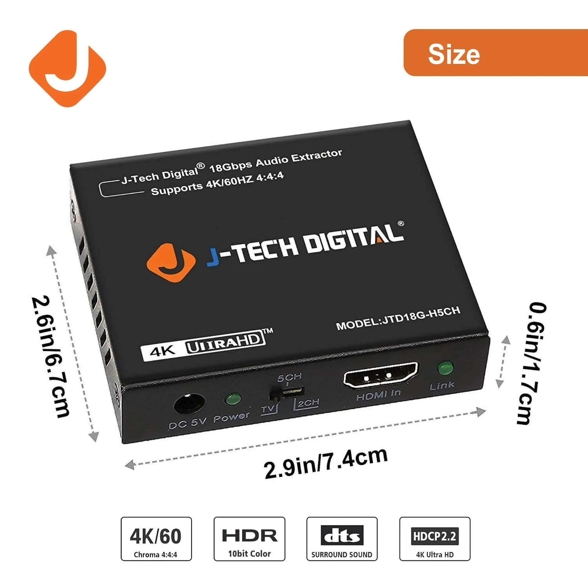 J-Tech Digital 4K 60HZ HDMI Audio Extractor Converter SPDIF + 3.5MM Output Supports HDMI 2.0, 18Gpbs Bandwidth, HDCP 2.2, Dolby Digital/DTS Passthrough CEC, HDR10 [JTD18G-H5CH] - Image 2