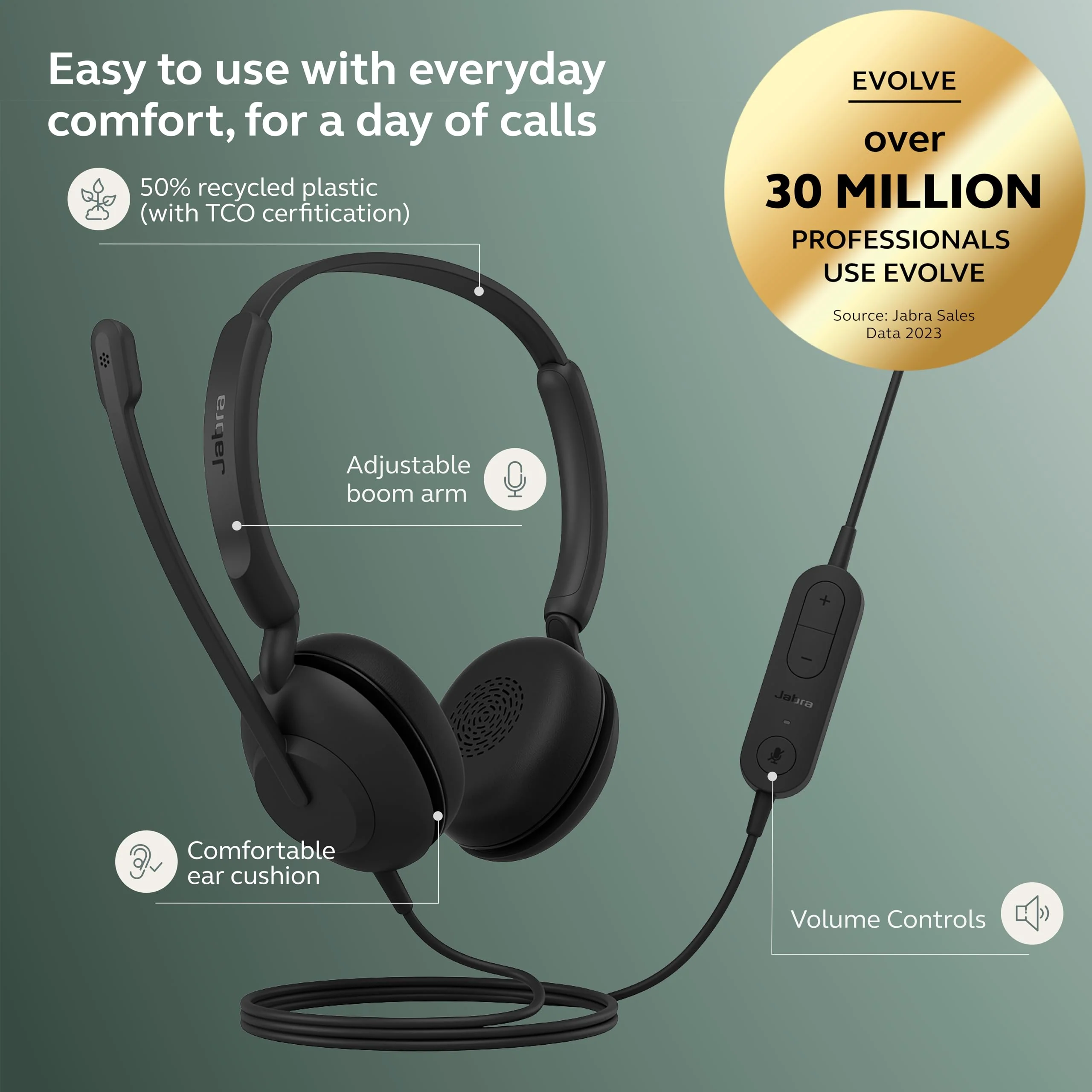 Jabra Evolve 10 Wired Headset with Noise-Cancelling Microphone for PC/Laptop Use, Easy USB-A Setup, TCO Certified, Lightweight Design, Inline Call/Volume Controls for Online Meetings, Black - Image 2