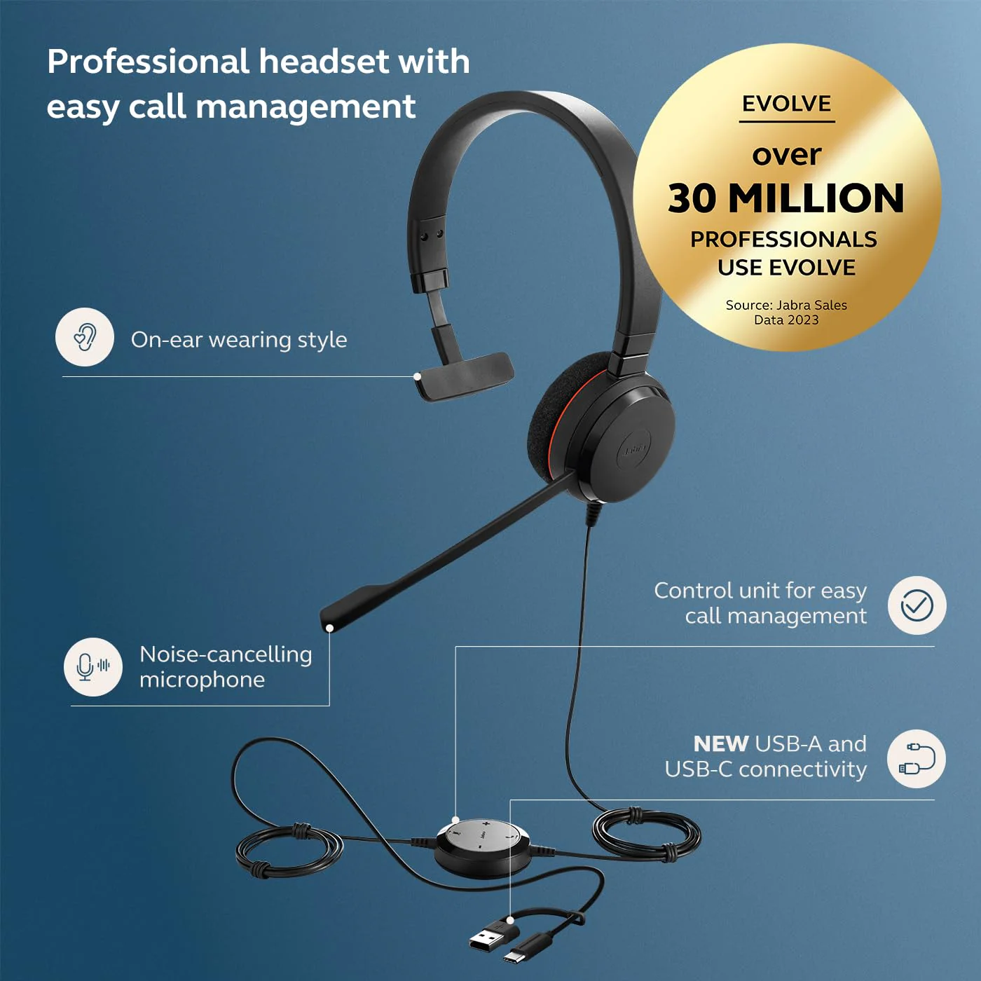 Jabra Evolve 20 Wired Headset (2025 Edition) - Single-Ear Set for Office and Work from Home - Call Control - Certified for MS Teams - USB-C/A Connectivity - Black Mono Teams Certified - Image 2