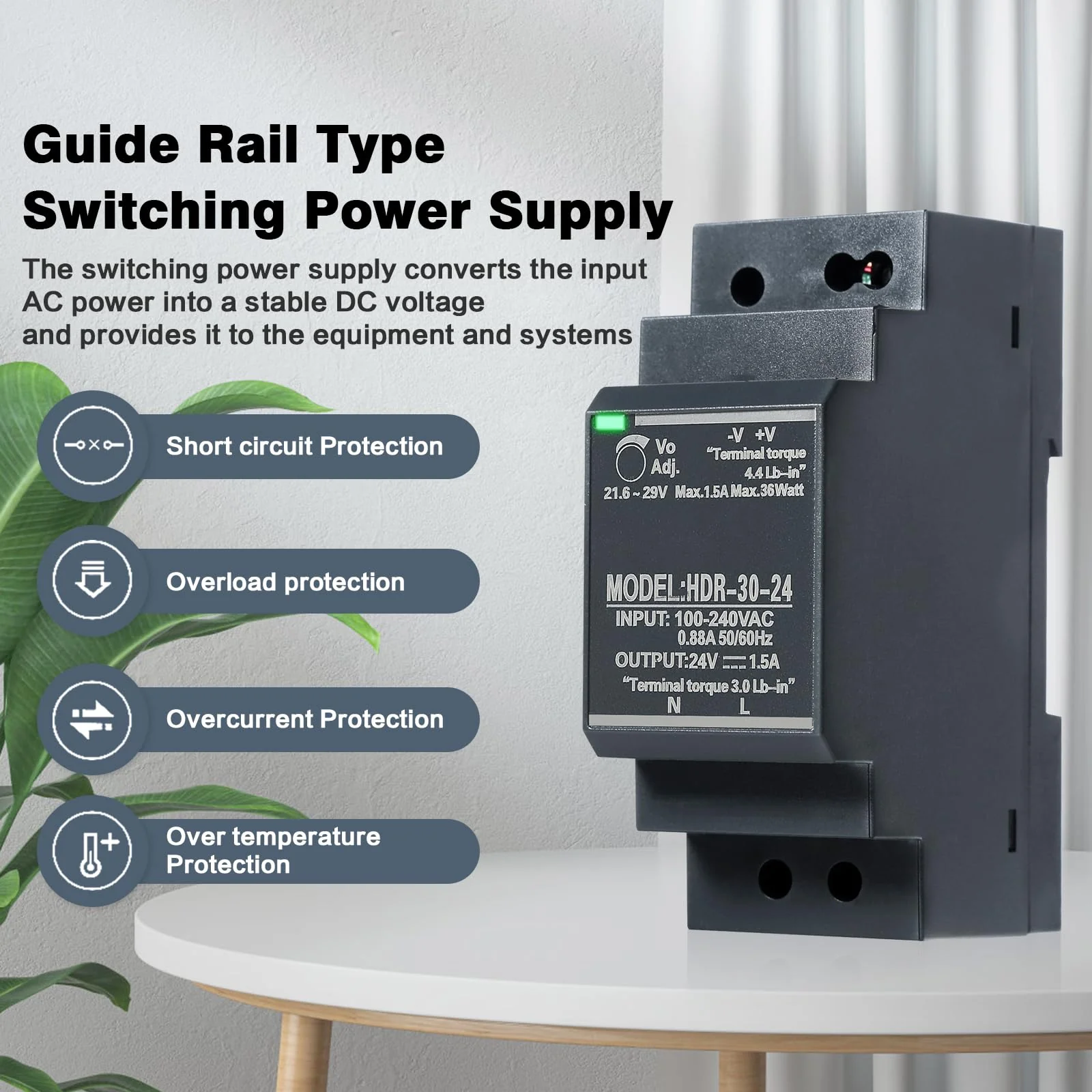 Jadeshay DIN Rail Power Supply 24 V 1.5 A 30 W DIN Rail Power Supply 12 V HDR-30-12 30 W 24 V 1.5 A Switching Power Supply DIN Rail Transformer AC/DC Single Phase Transformer HDR-30W-24V1.5A - Image 2