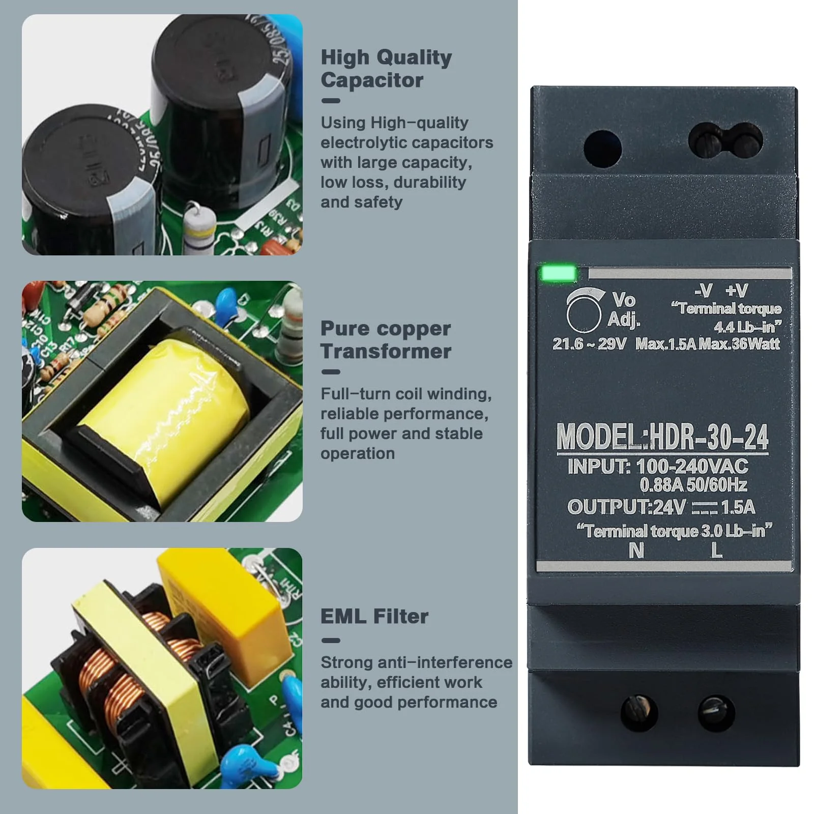 Jadeshay DIN Rail Power Supply 24 V 1.5 A 30 W DIN Rail Power Supply 12 V HDR-30-12 30 W 24 V 1.5 A Switching Power Supply DIN Rail Transformer AC/DC Single Phase Transformer HDR-30W-24V1.5A - Image 7