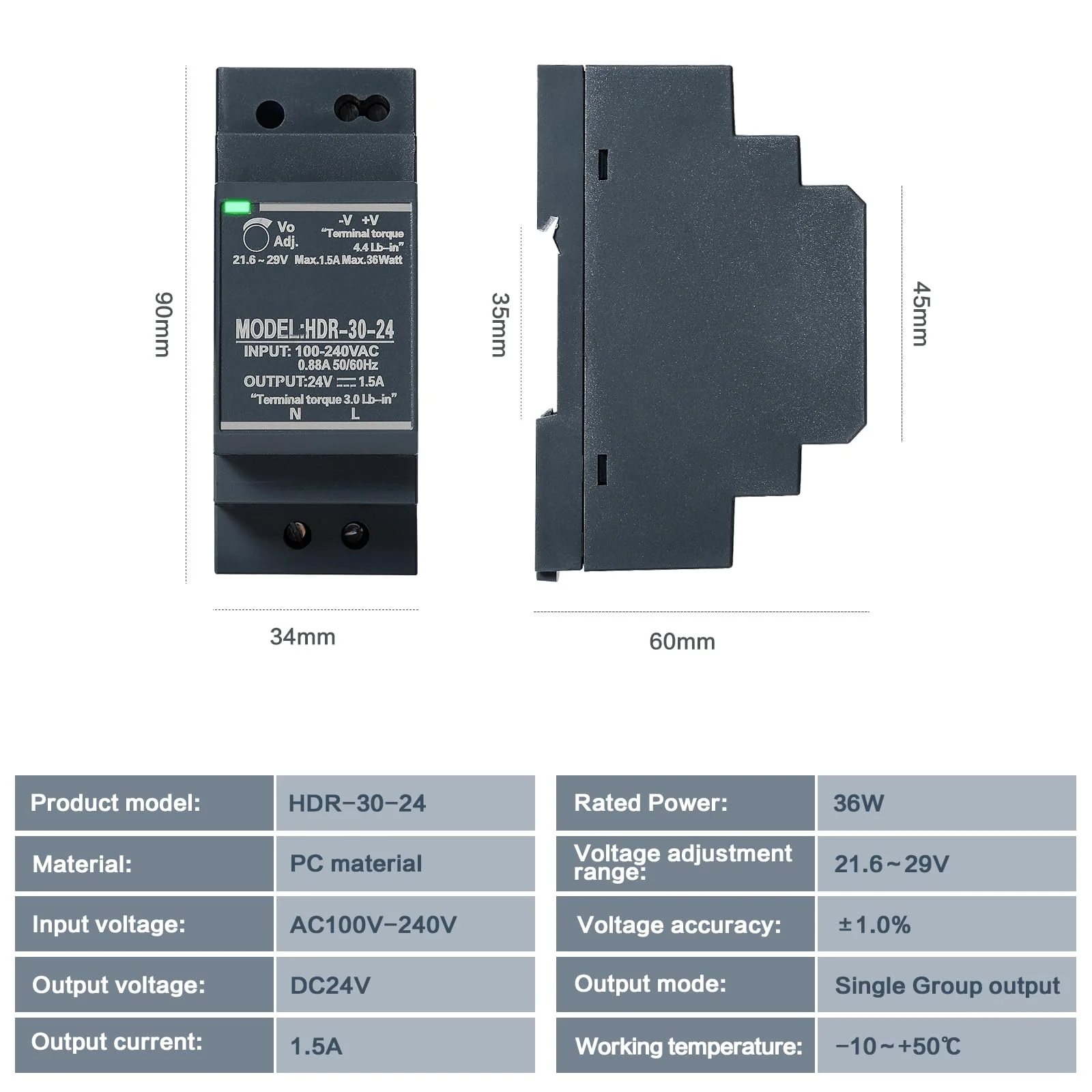 Jadeshay DIN Rail Power Supply 24 V 1.5 A 30 W DIN Rail Power Supply 12 V HDR-30-12 30 W 24 V 1.5 A Switching Power Supply DIN Rail Transformer AC/DC Single Phase Transformer HDR-30W-24V1.5A - Image 9