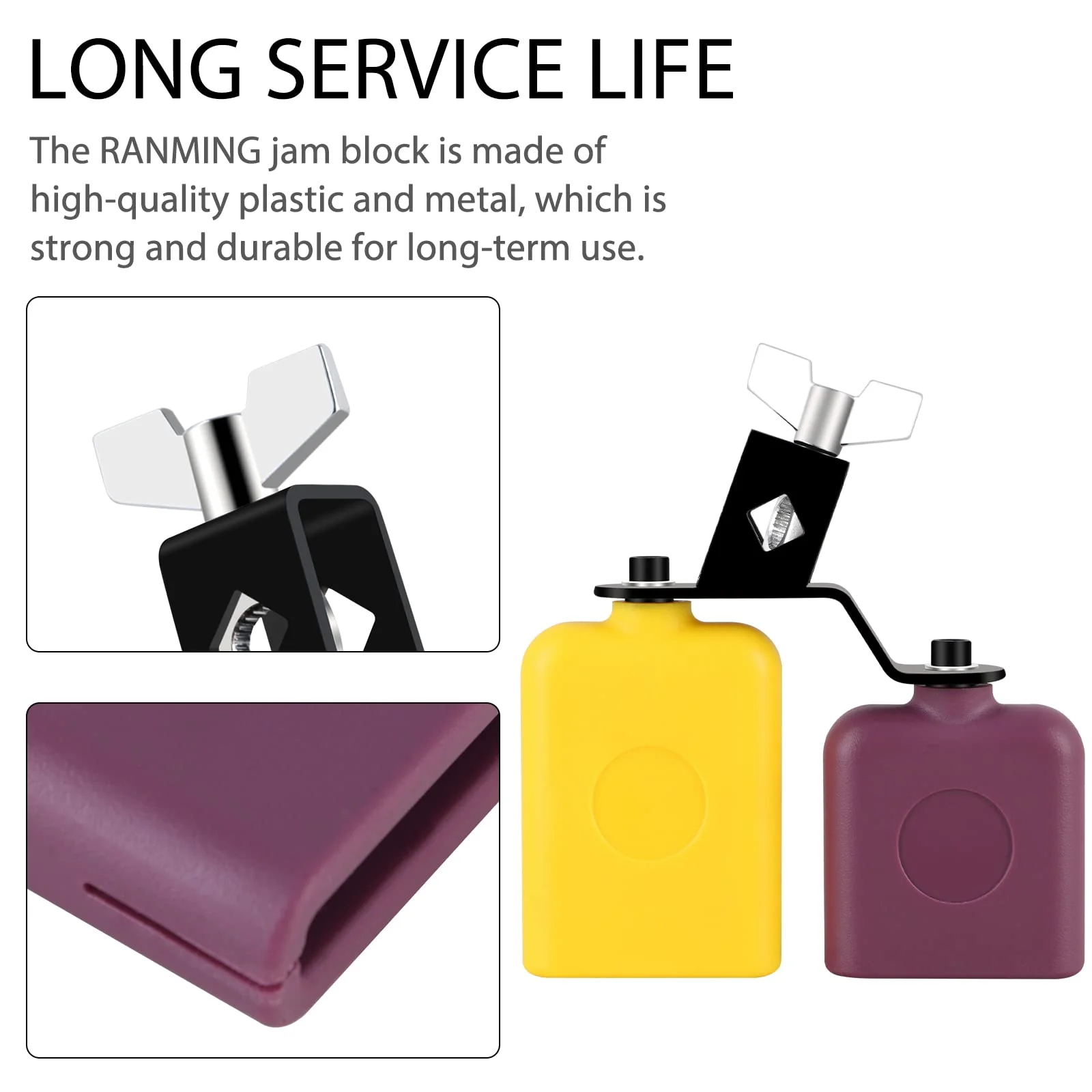 Jam Block,Plastic Cow Bell Double Sambago Bell Jam Block for Band Practice,Festival Performance,Latin Percussion Instrument Kit (Yellow-Purple) 6.2 inch Yellow-Purple - Image 2