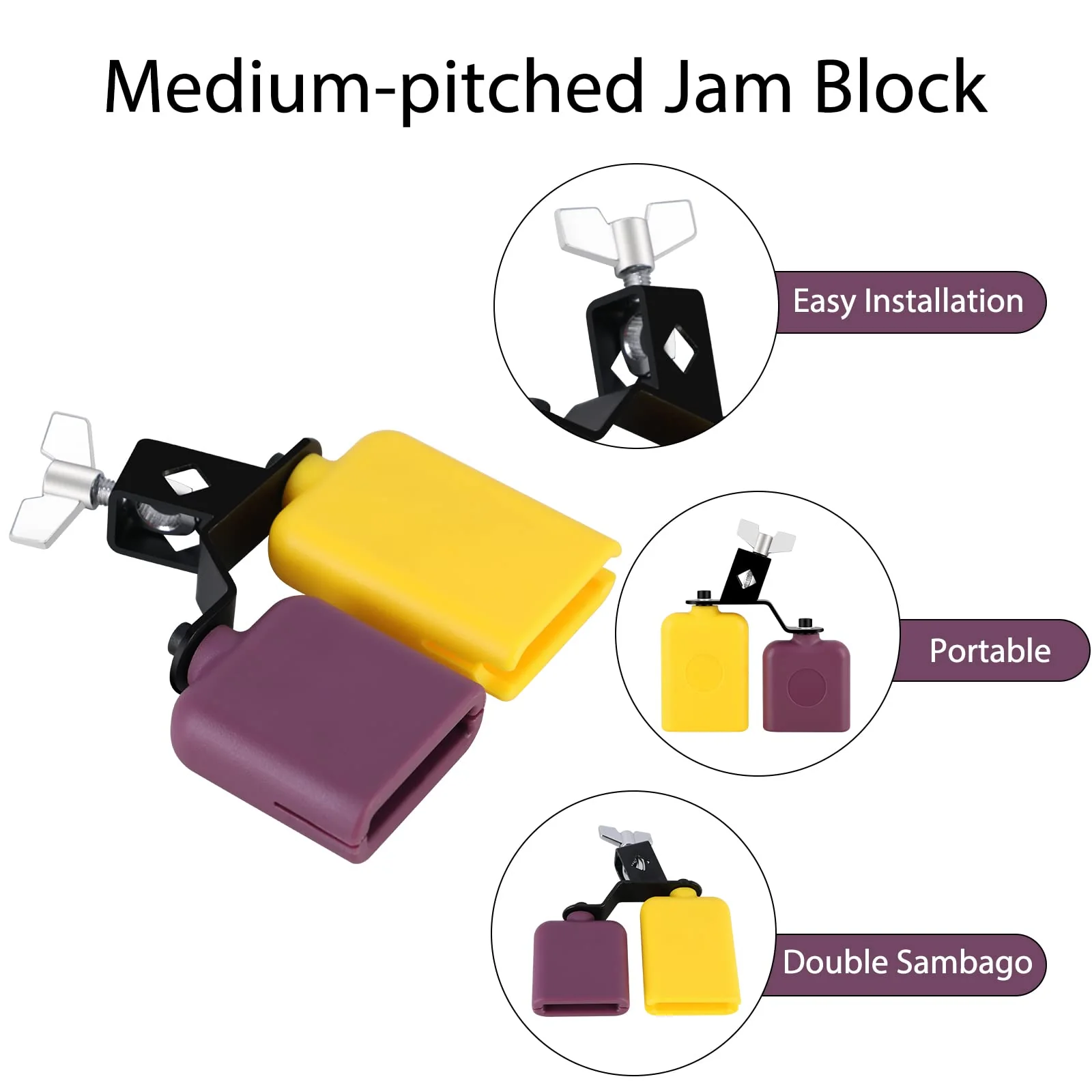 Jam Block,Plastic Cow Bell Double Sambago Bell Jam Block for Band Practice,Festival Performance,Latin Percussion Instrument Kit (Yellow-Purple) 6.2 inch Yellow-Purple - Image 3