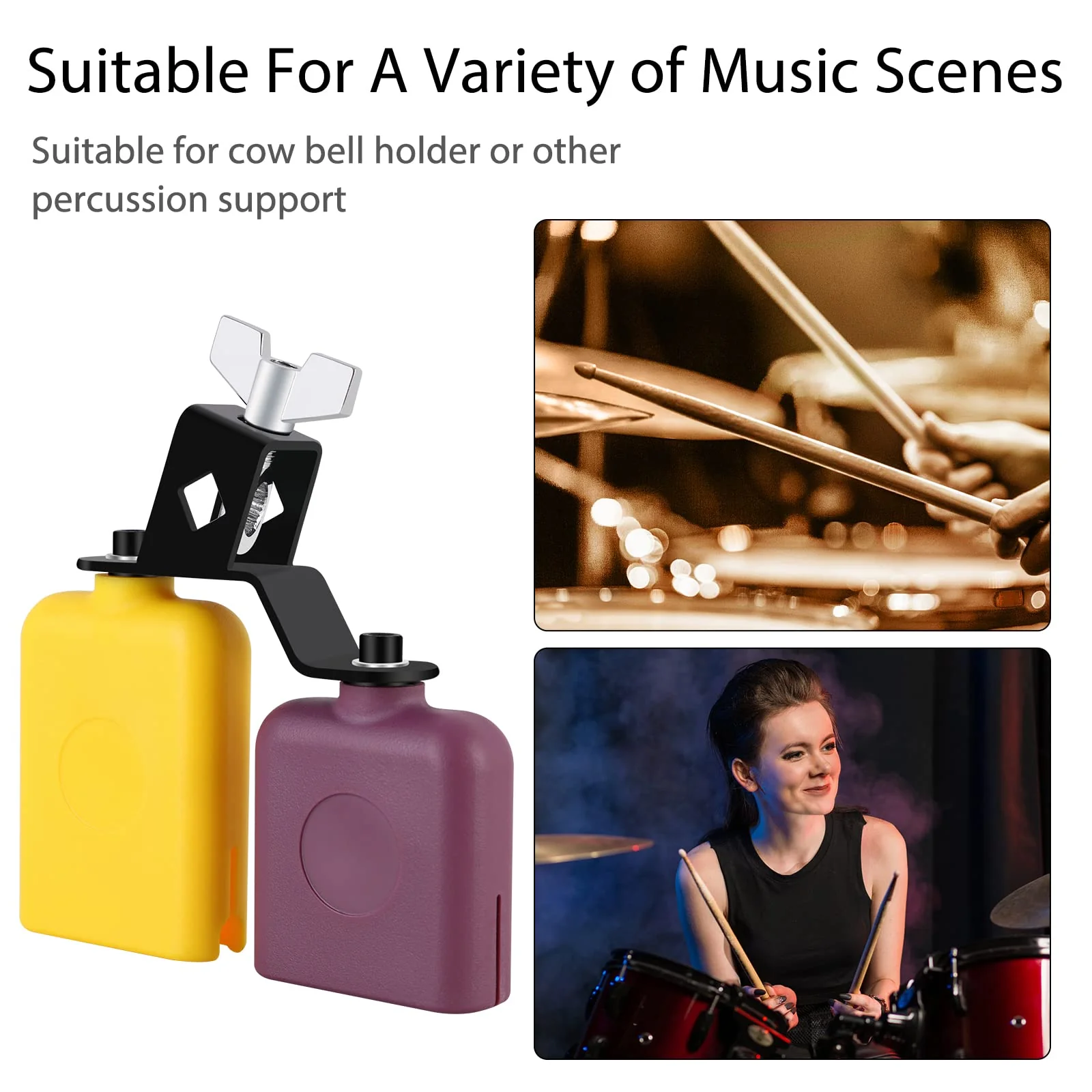 Jam Block,Plastic Cow Bell Double Sambago Bell Jam Block for Band Practice,Festival Performance,Latin Percussion Instrument Kit (Yellow-Purple) 6.2 inch Yellow-Purple - Image 4